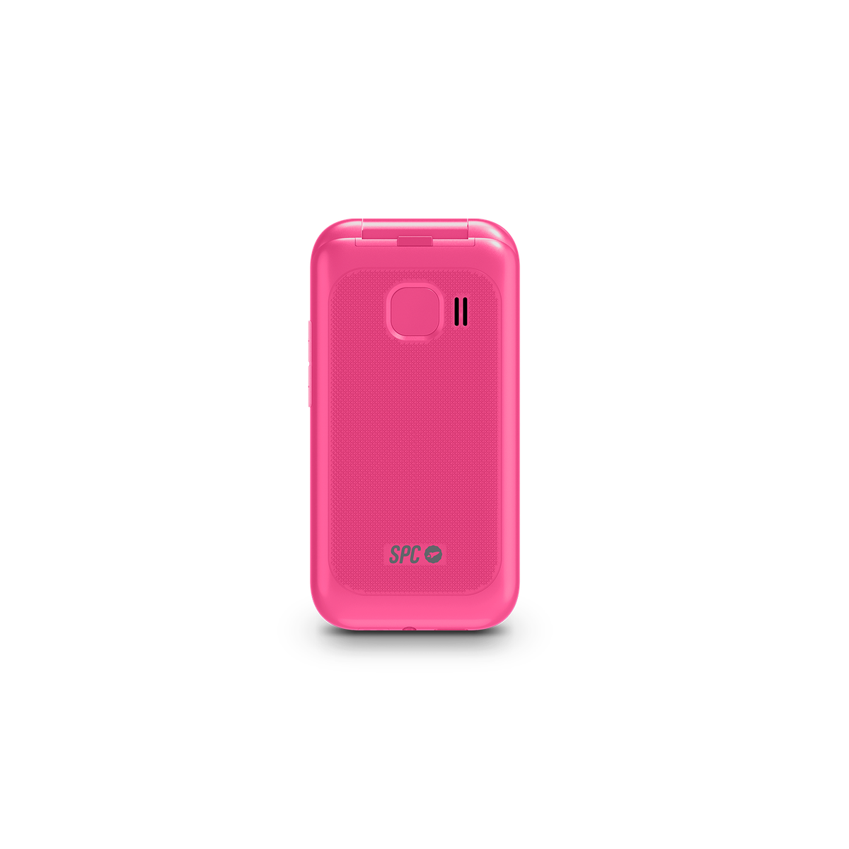 Różowy telefon z klapką zamknięty, tyłem do przodu, z logo SPC na czarnym tle.