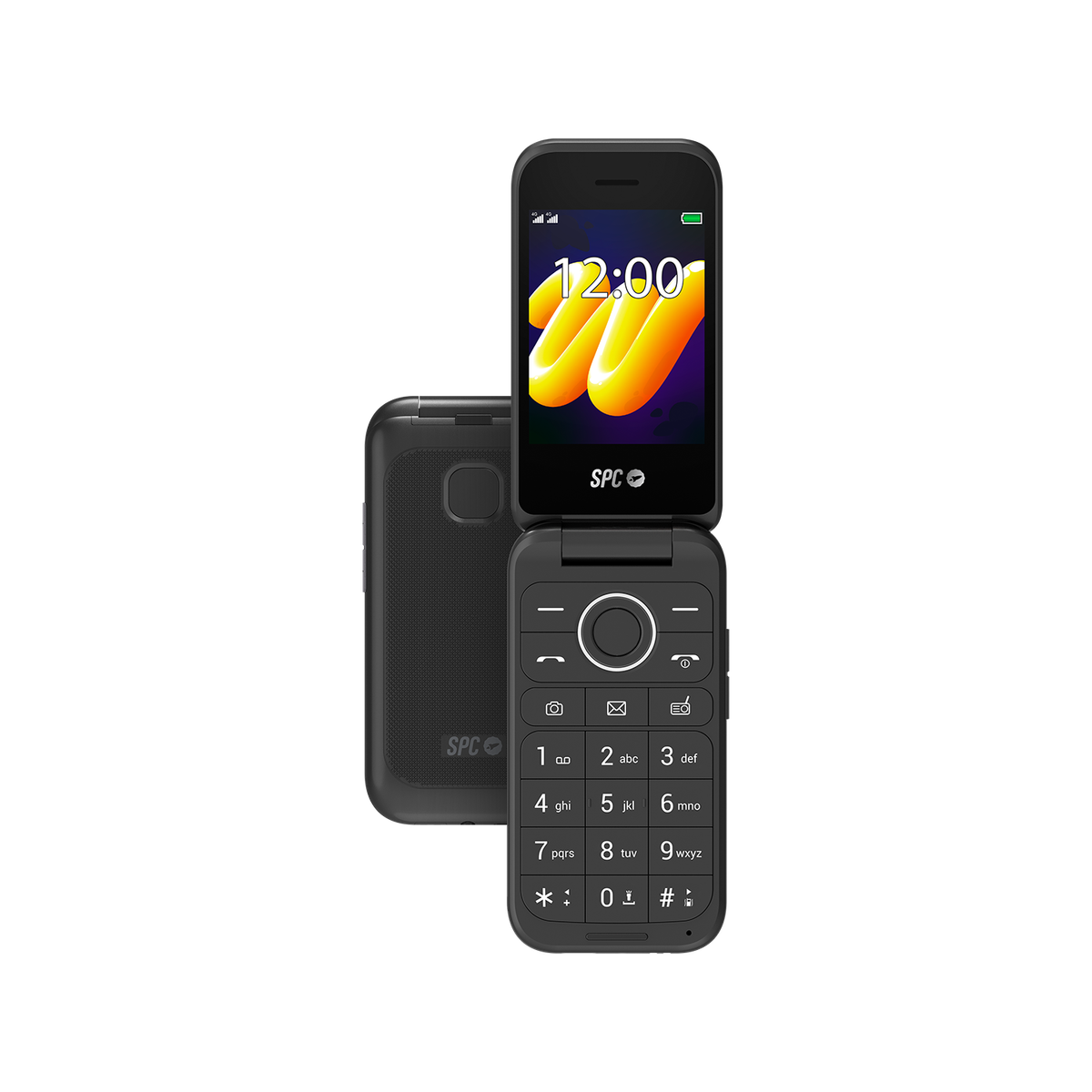 Czarny telefon z klapką, otwarty, pokazujący godzinę. Zamknięty telefon obok. Widoczne przyciski i wyświetlacz.