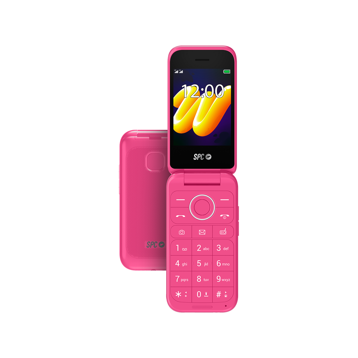 Różowy telefon z klapką, otwarty, pokazujący godzinę i żółty wzór na ekranie.