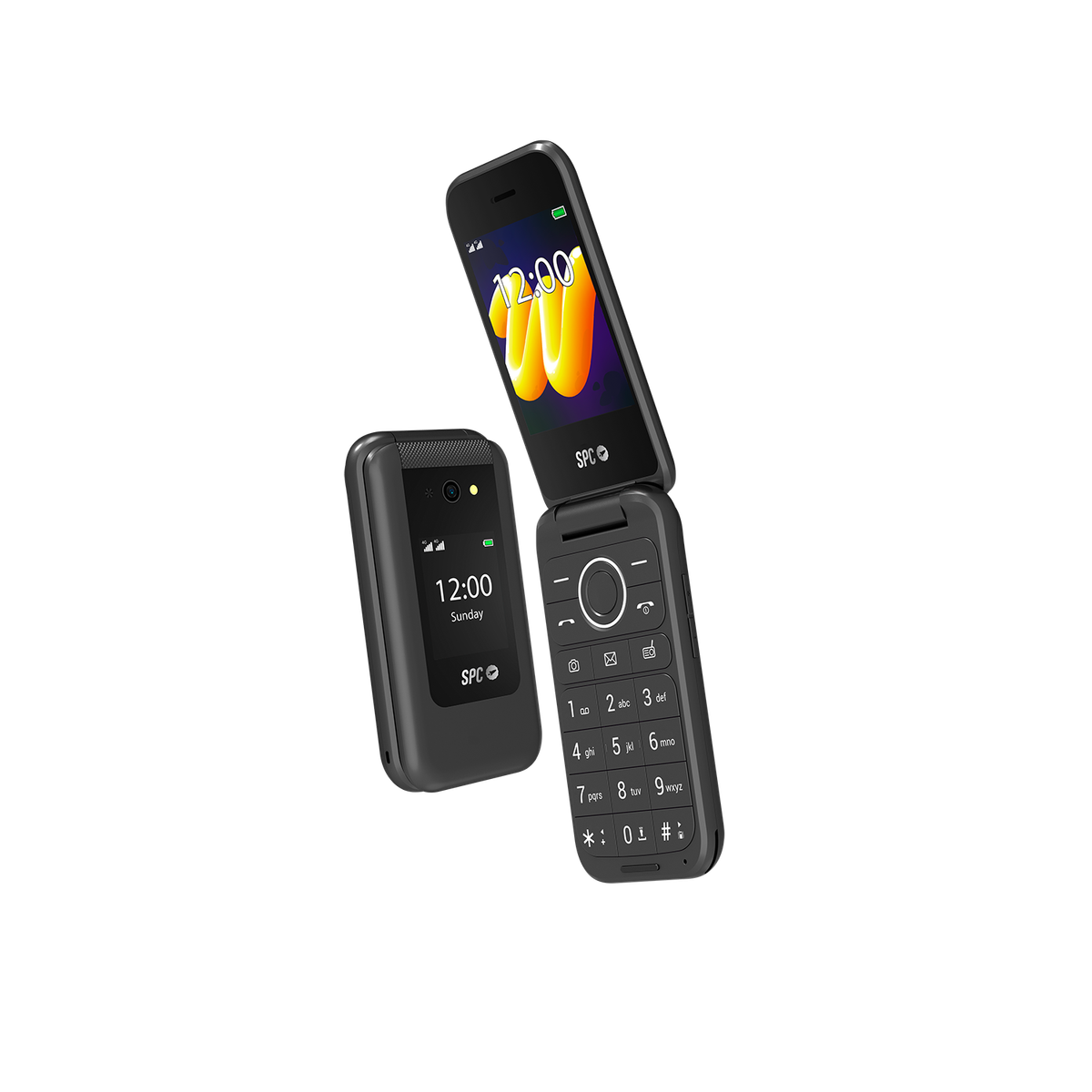 Czarny telefon z klapką otwarty, z drugim telefonem z boku, oba pokazują godzinę i logo.