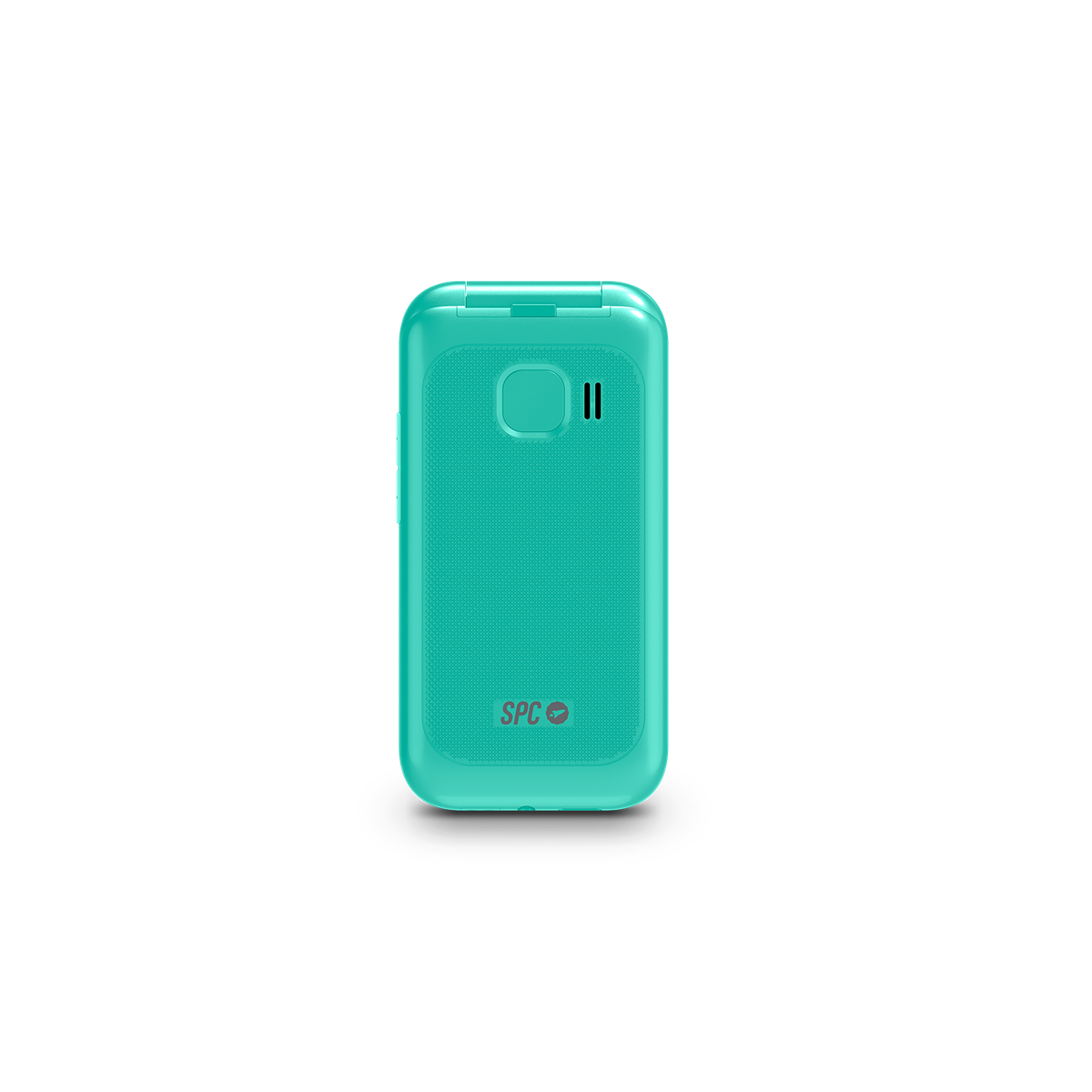 Turkusowy telefon z klapką na czarnym tle. Widoczne jest logo SPC.