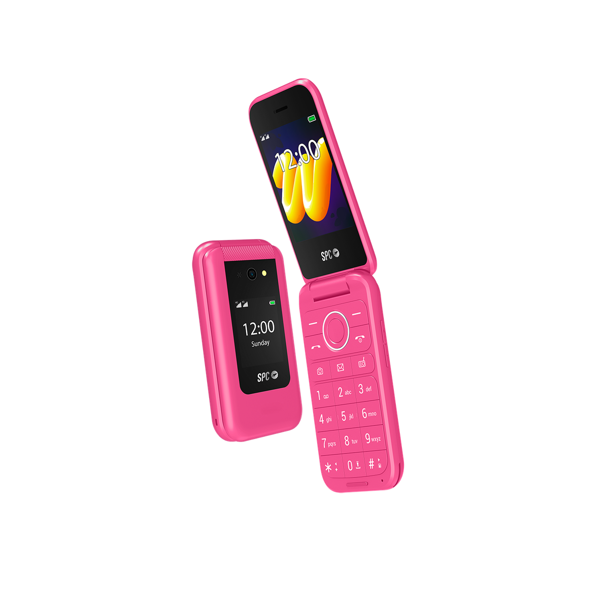 Różowy telefon z klapką, otwarty i zamknięty, wyświetlający godzinę i logo SPC. Tło jest czarne.