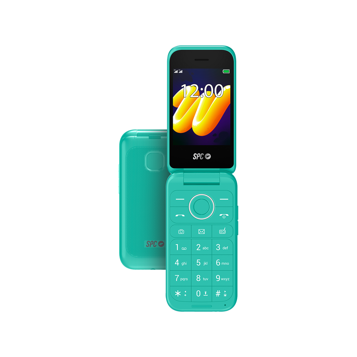 Turkusowy telefon z klapką, otwarty, wyświetlający ekran z zegarem i logo SPC.