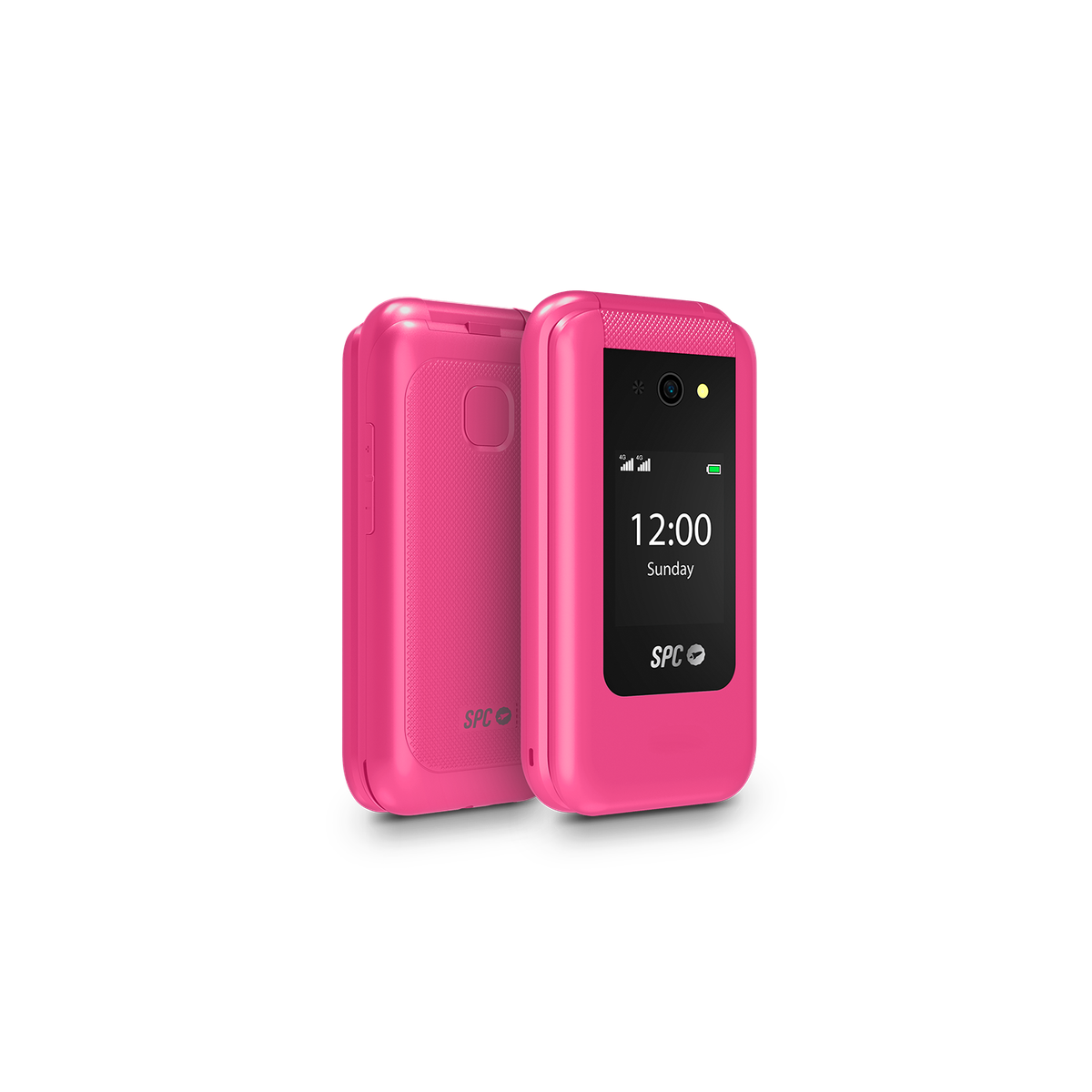 Różowy telefon z klapką z czarnym ekranem wyświetlającym godzinę i zamkniętym etui obok.