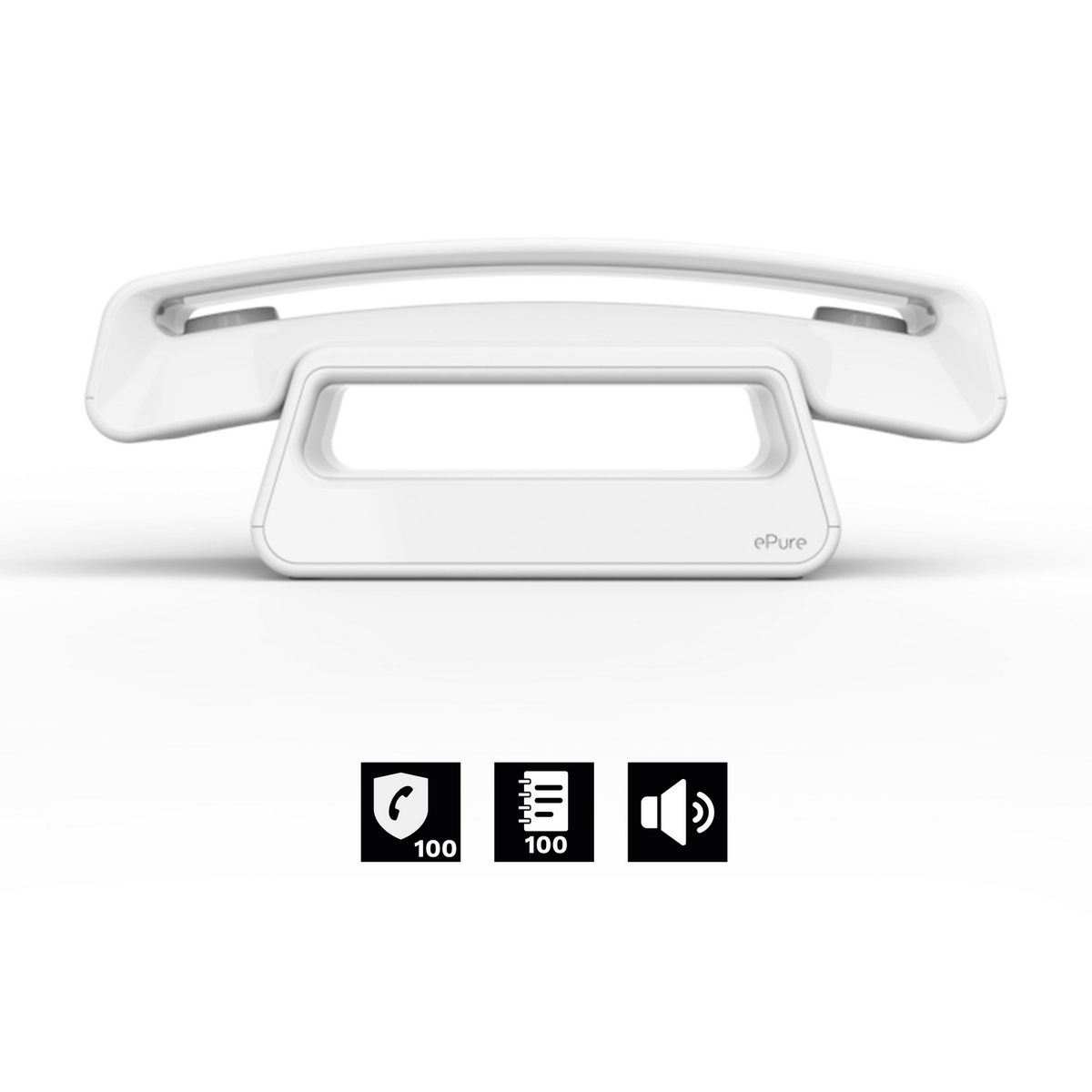 Un téléphone ePure blanc avec des icônes de téléphone, de volume et un haut-parleur en bas.