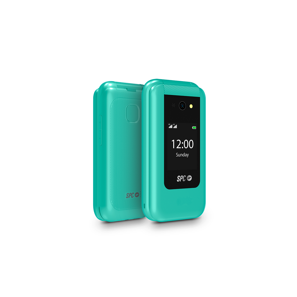 Turkusowy telefon z klapką, otwarty, pokazujący zegar i interfejs. Drugi telefon z tyłu.