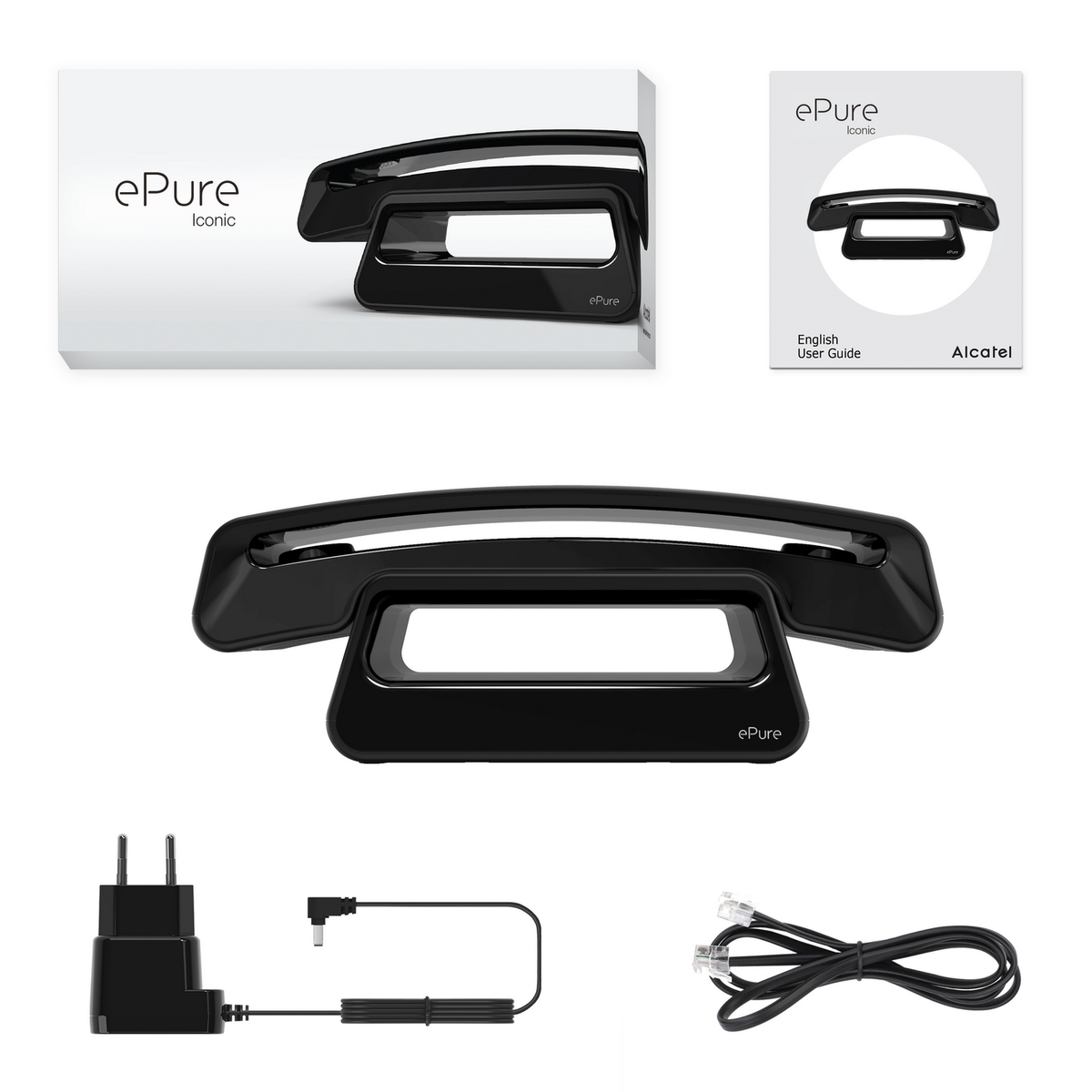 Téléphone ePure noir, boîte et guide utilisateur. Accessoires incluent chargeur et câble.