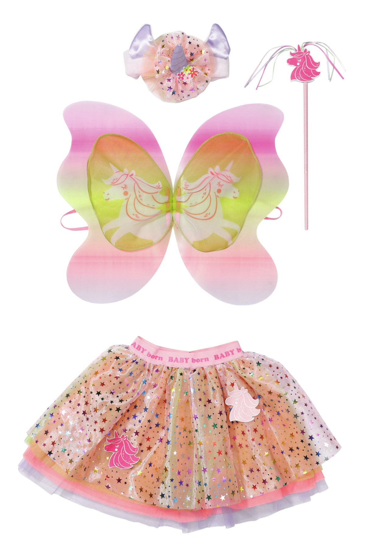 Einhorn-Kostüm-Set mit Flügeln, Stirnband und Tutu-Rock. Helle Farben, verspieltes Design.