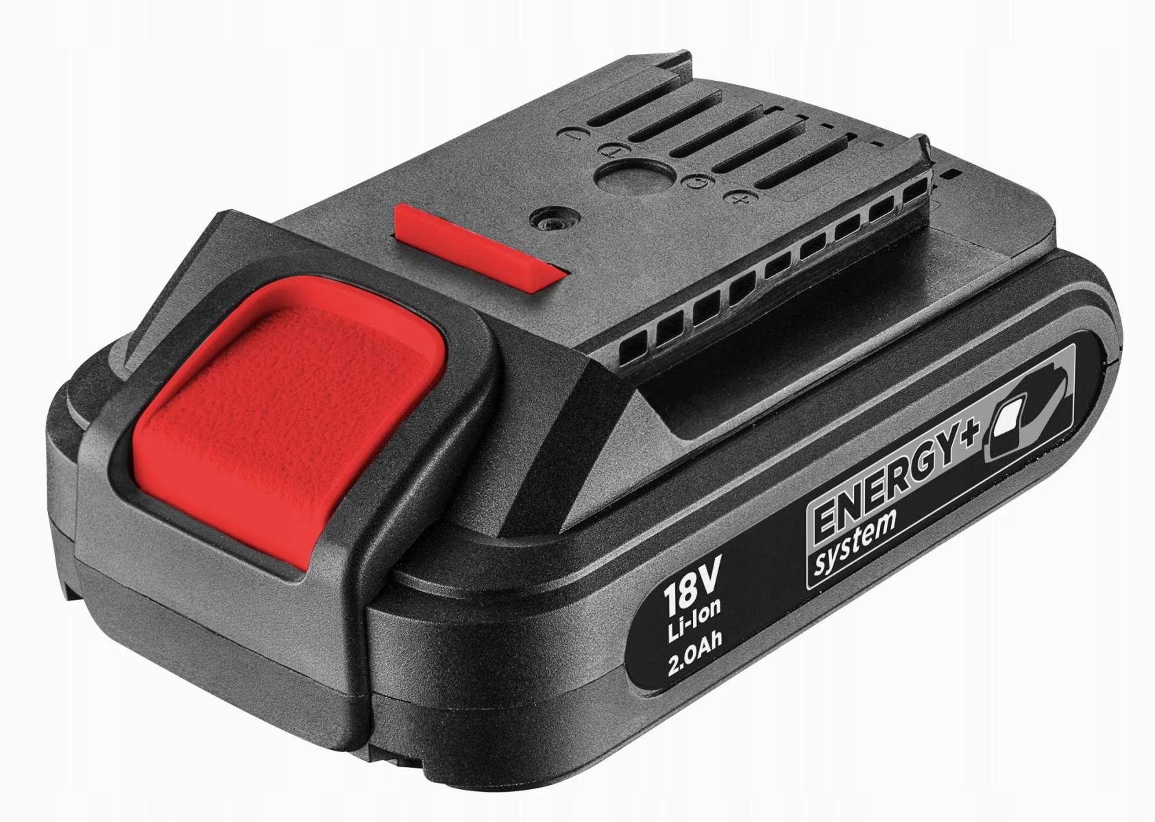 Batteria da 18V nera e grigia con un pulsante rosso. Sfondo bianco. Logo del sistema Energy+.