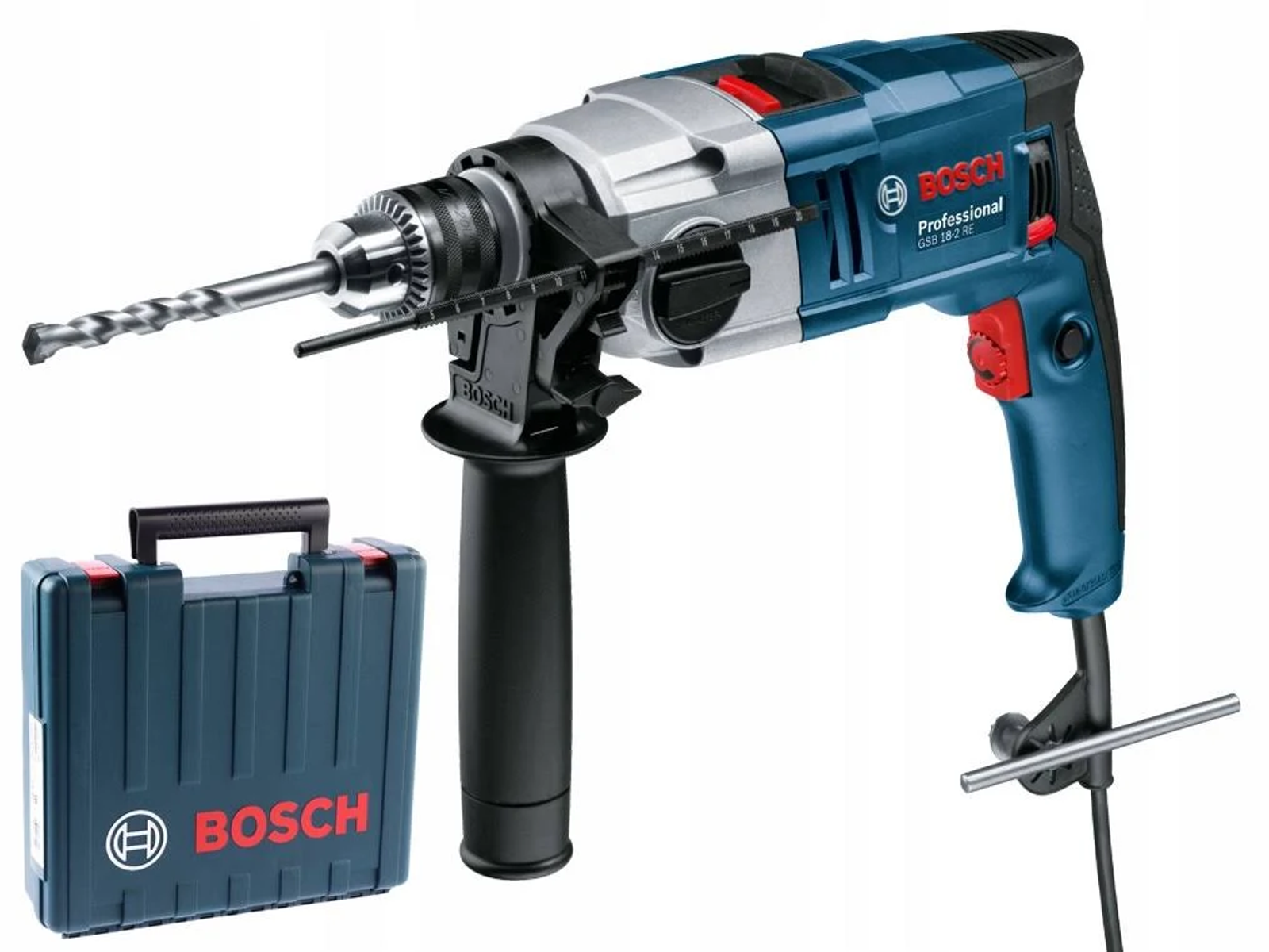 Bosch Bohrmaschine mit Koffer und Zubehör. Blau und Silber.