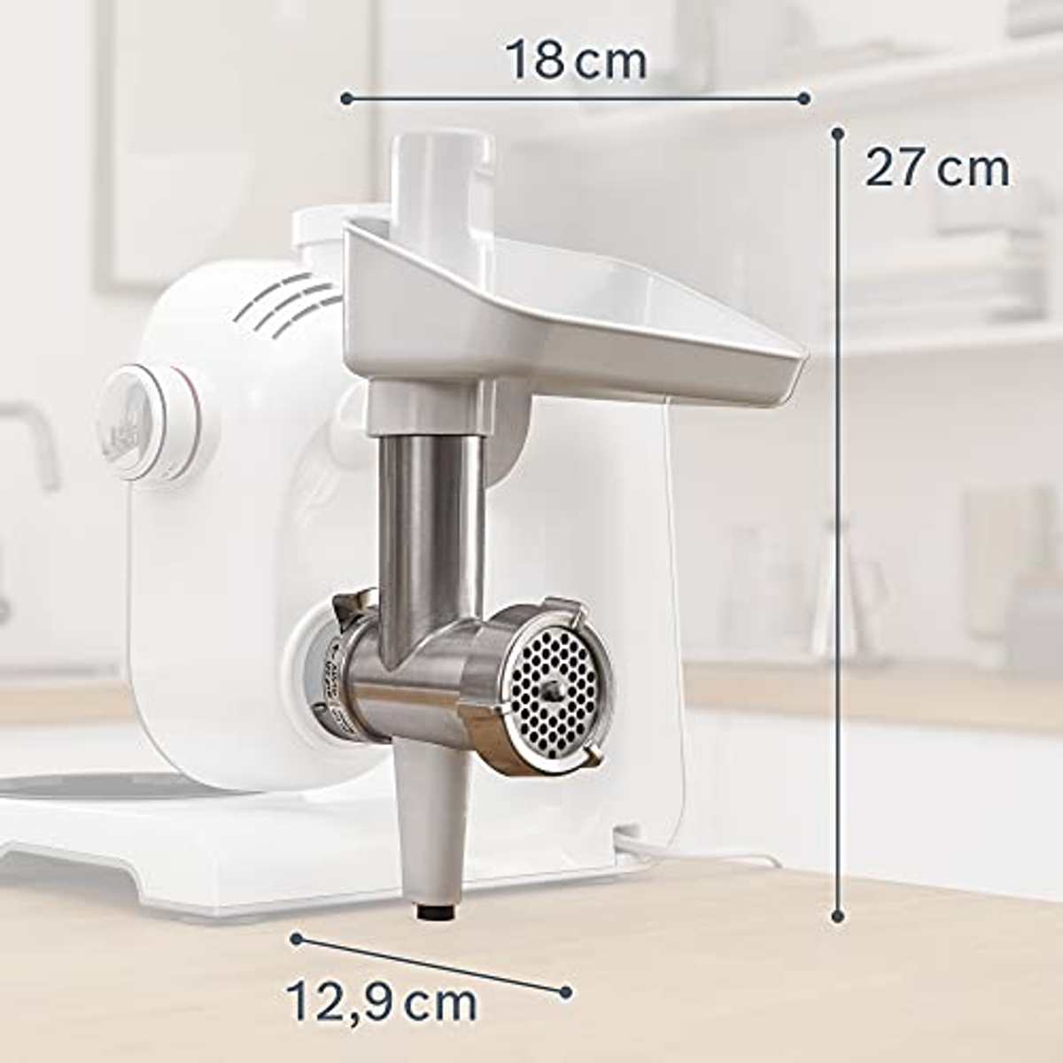 Accessorio tritacarne, con dimensioni: 18cm, 27cm e 12,9cm.