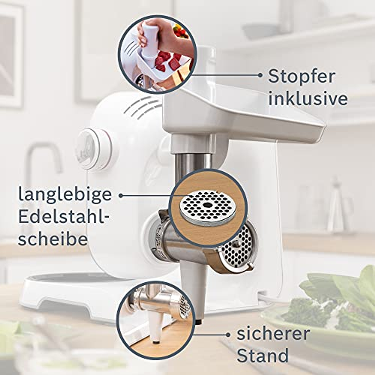 Robot da cucina bianco con etichette di testo e parti evidenziate. Include un accessorio tritacarne.