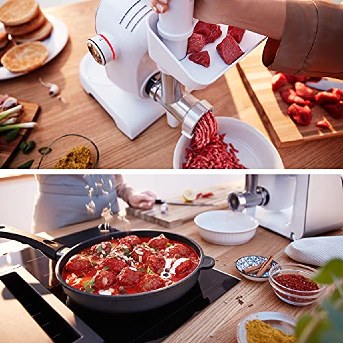Una persona macina la carne, e poi una padella con polpette in cottura. Sono presenti vari ingredienti.
