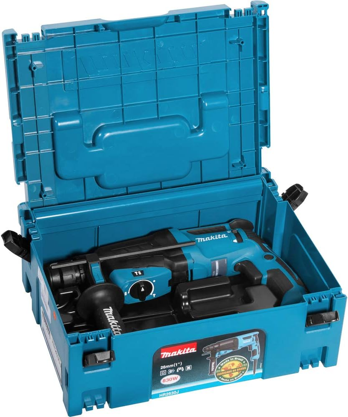 Blaues und schwarzes Makita Elektrowerkzeug-Set in einem teal-farbenen Tragekoffer, offen zur Präsentation.