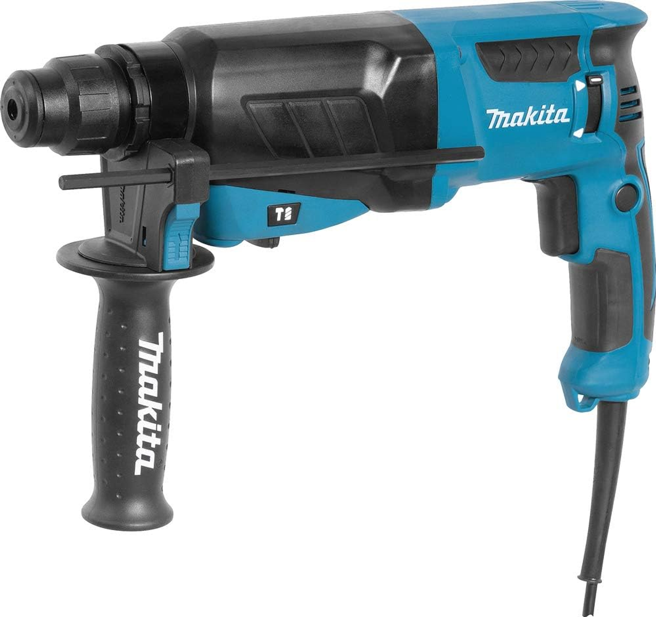 Ein blau-schwarzer Makita-Bohrhammer mit schwarzem Griff auf weißem Hintergrund.