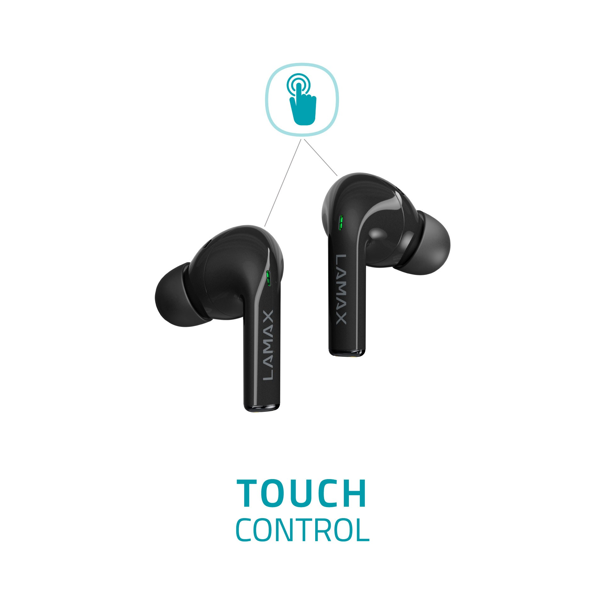 Zwei schwarze Ohrhörer mit einem Touch-Control-Symbol darüber.