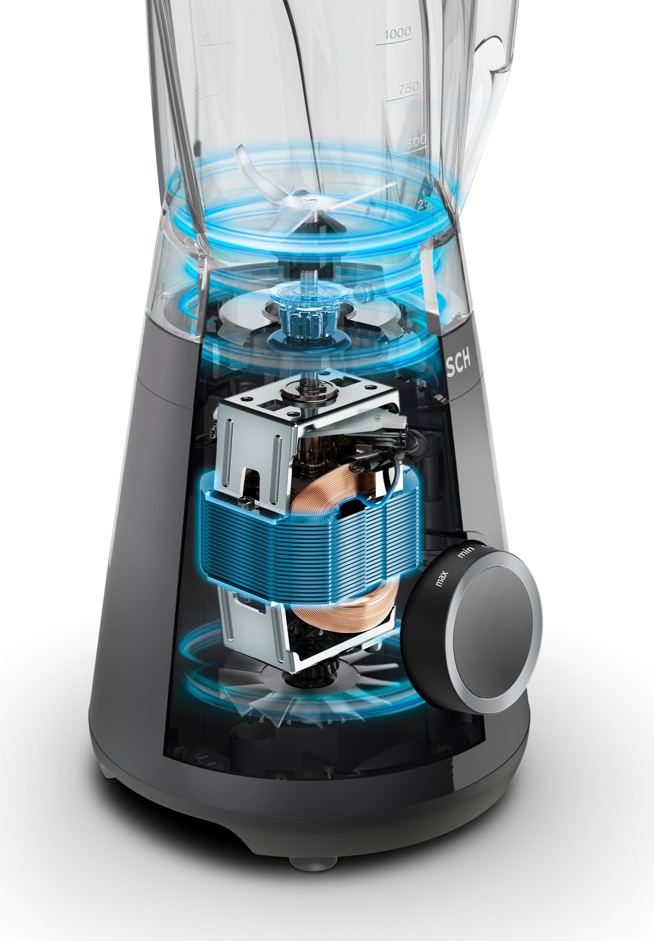 Przekrój blendera pokazujący silnik i ostrza. To ciemnoszary blender.