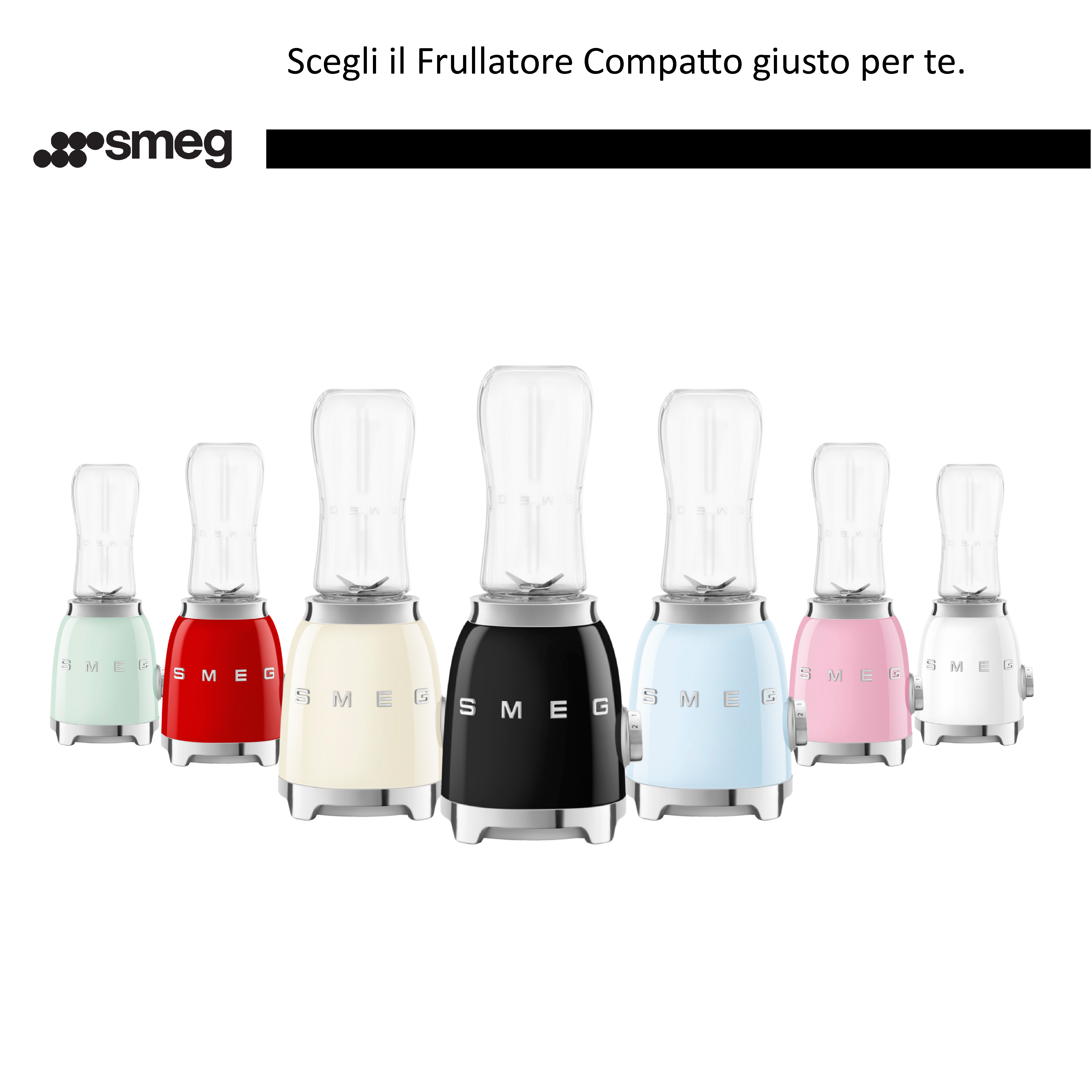 Kolekcja blenderów w różnych kolorach wyświetlanych w rzędzie na białej powierzchni, z logo Smeg na górze.