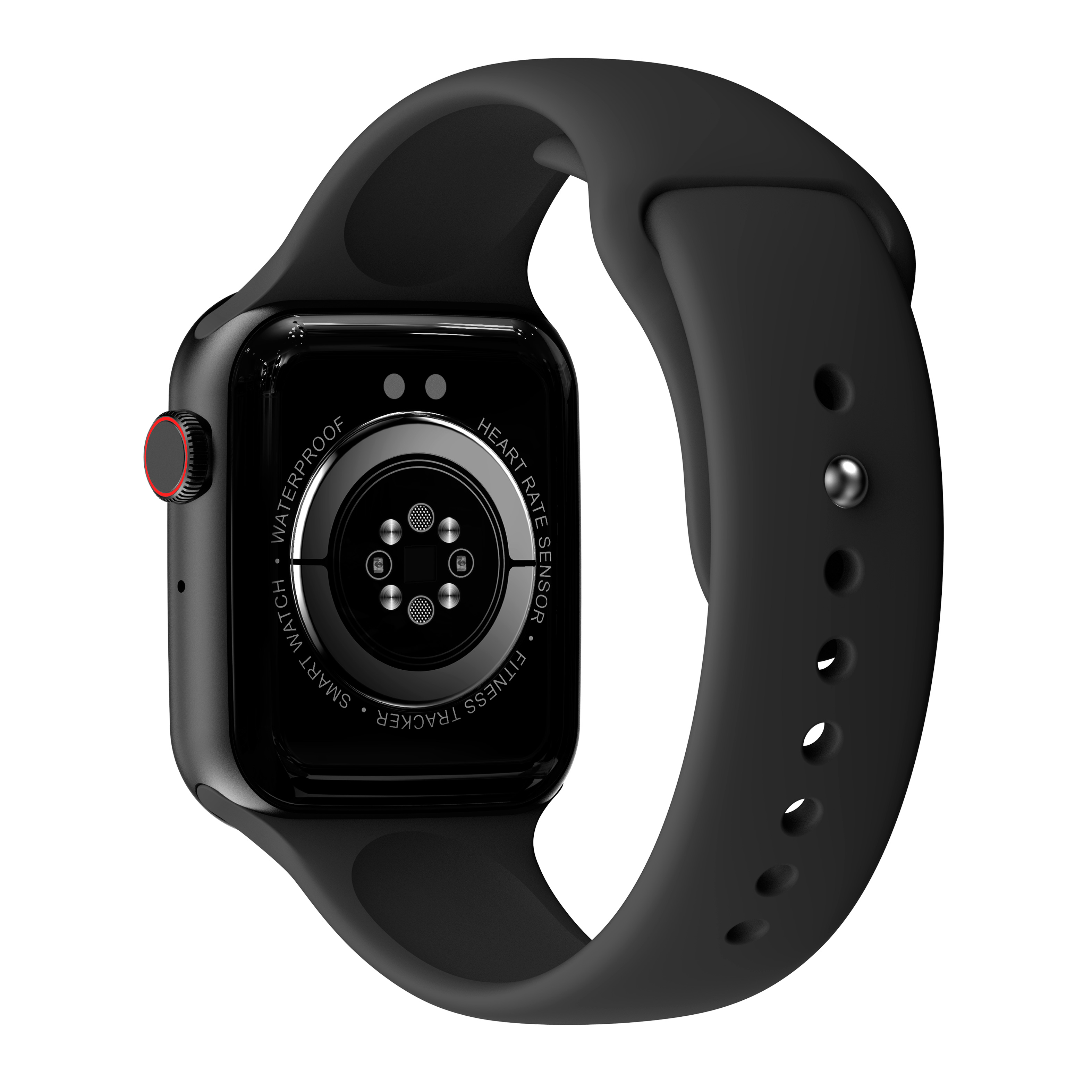 Czarny smartwatch z czarnym paskiem, widoczny tył. Zawiera czujnik tętna i monitor aktywności fizycznej.