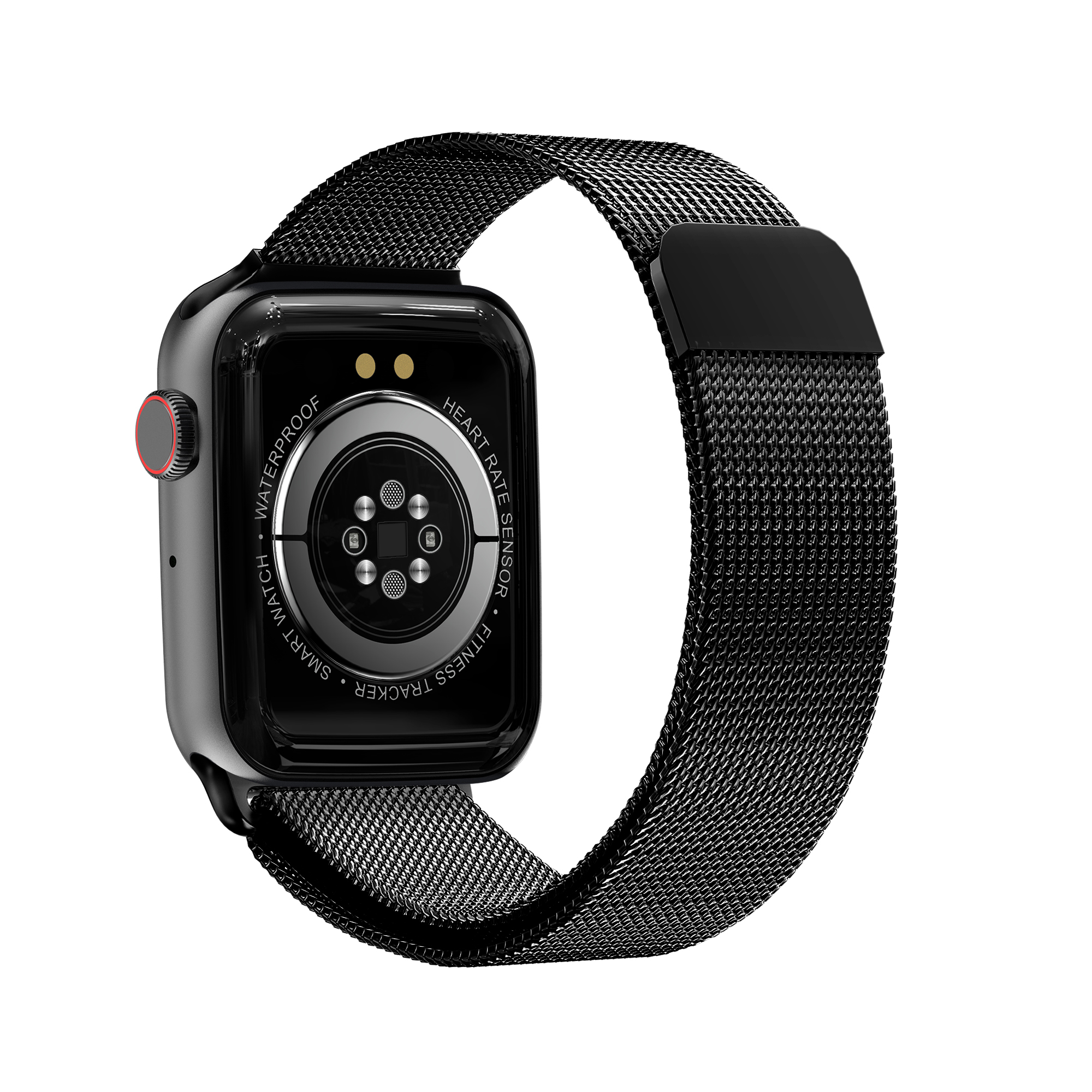 Smartwatch mit schwarzem Armband. Die Rückseite zeigt einen Herzfrequenzsensor. Das Armband ist gewebt.