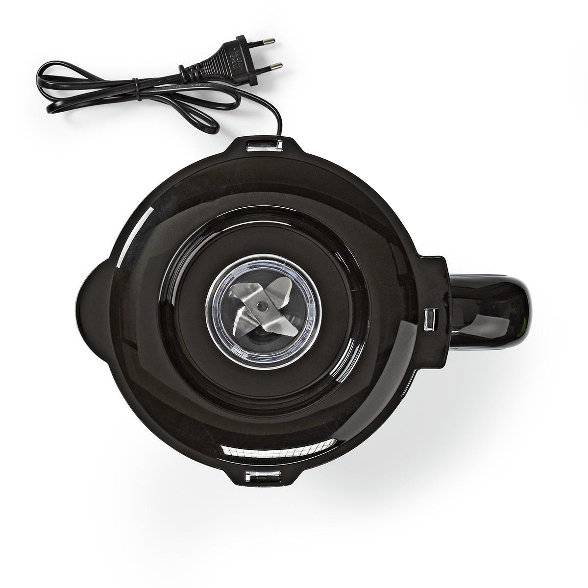 Czarna pokrywa blendera z ostrzami i przewodem zasilającym na białym tle.