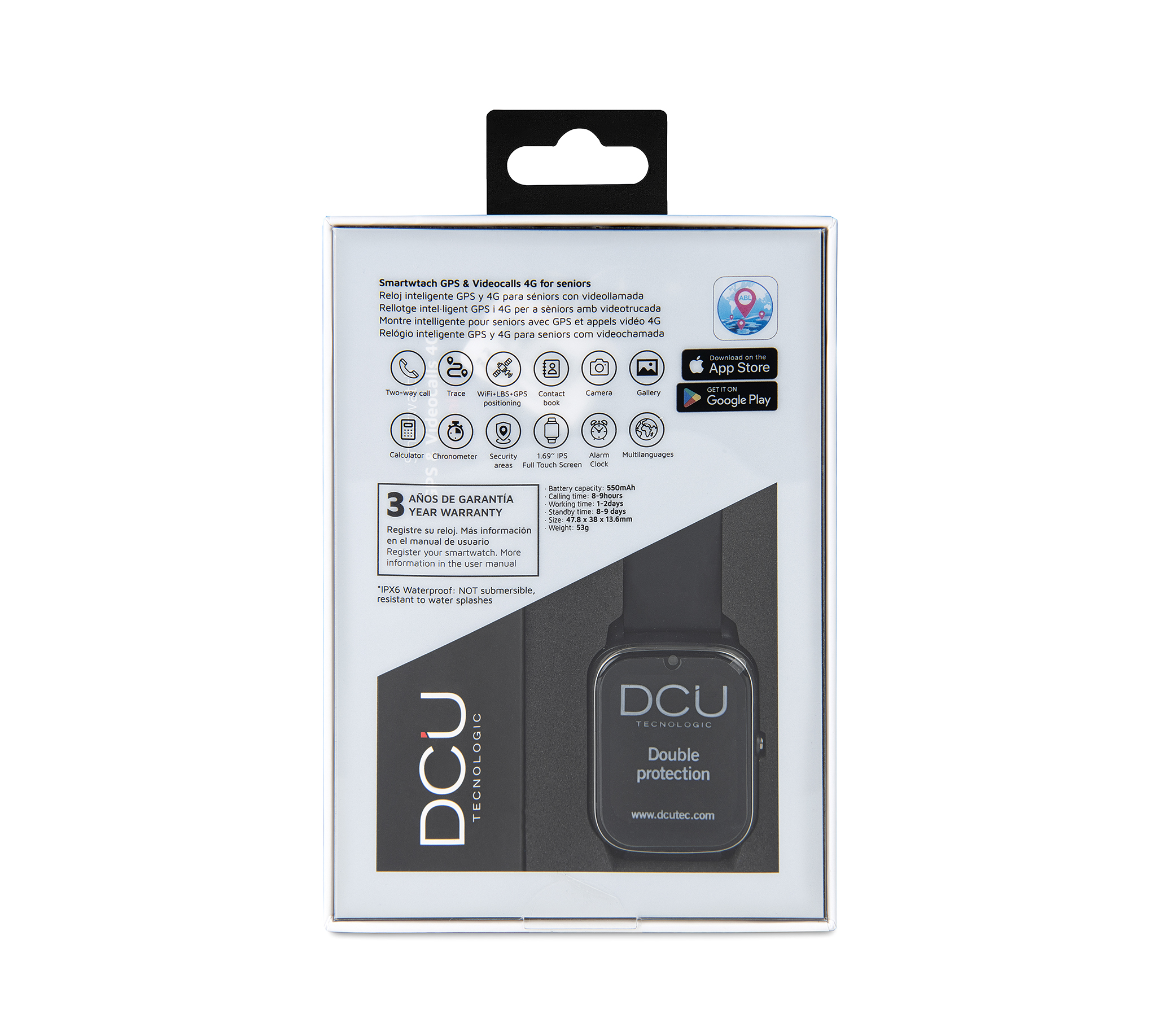 Pudełko na zegarek ze smartwatchem w środku. Pudełko zawiera tekst i zdjęcie zegarka.