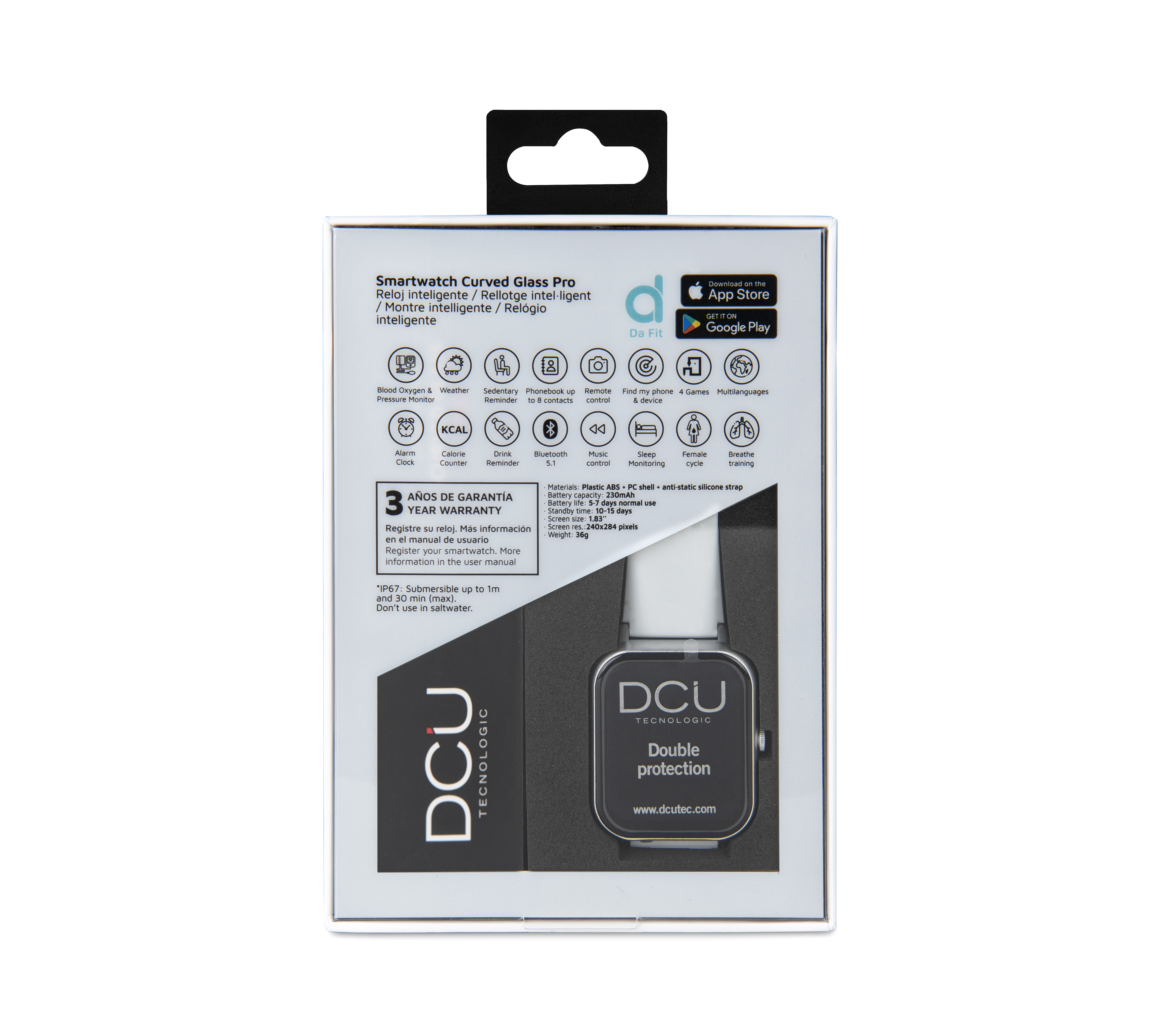 Pudełko smartwatcha z tekstem i obrazami. Białe tło. Czarne i szare pudełko.