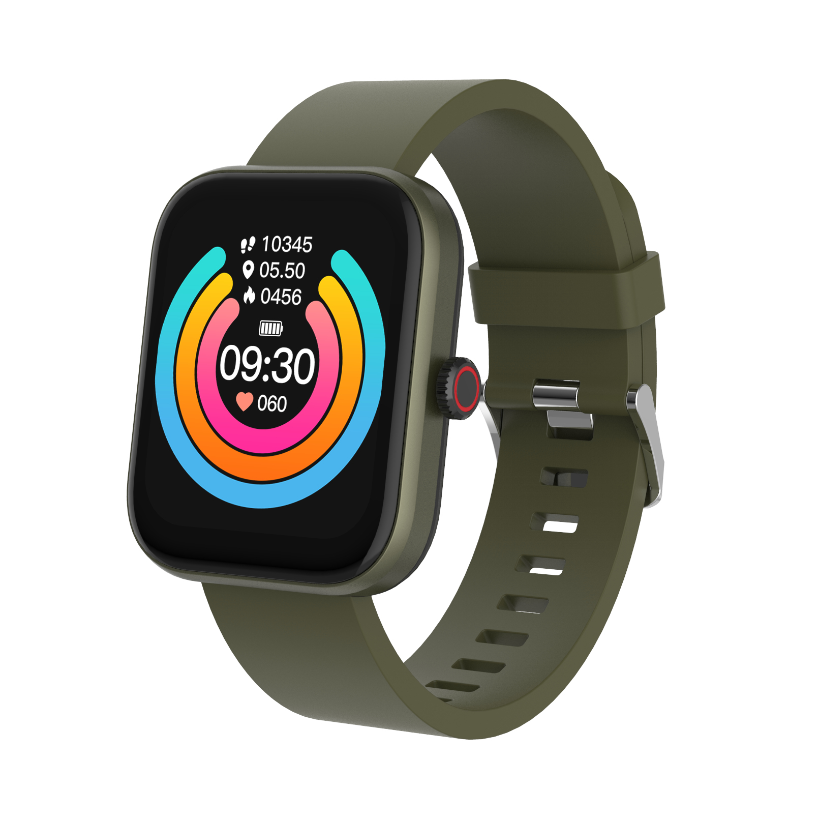 Smartwatch con correa verde, mostrando una pantalla colorida.
