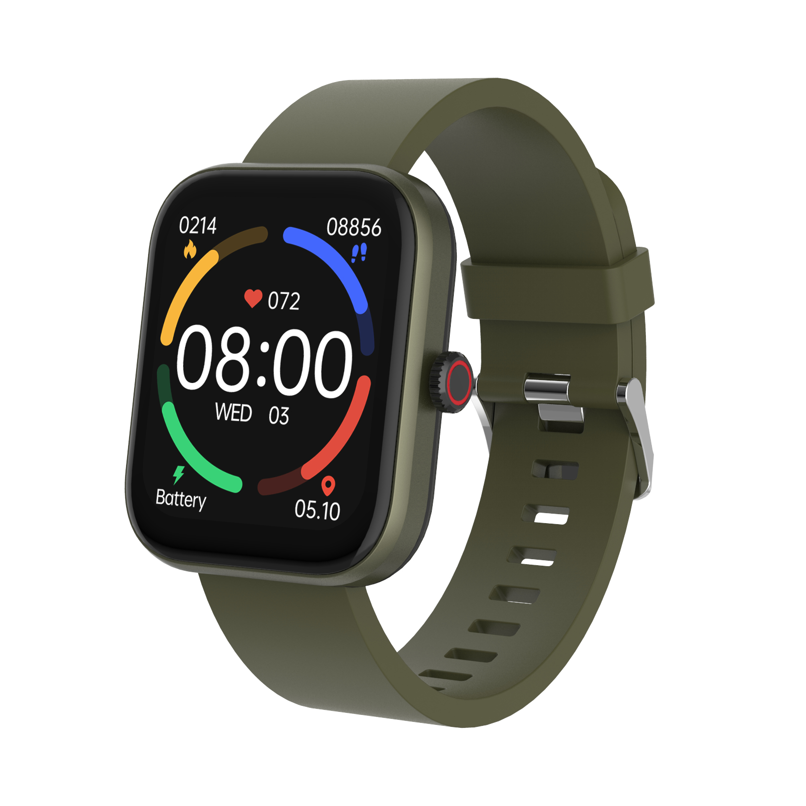 Smartwatch verde oliva con pantalla cuadrada que muestra la hora y la fecha. Correa verde. Fondo blanco.