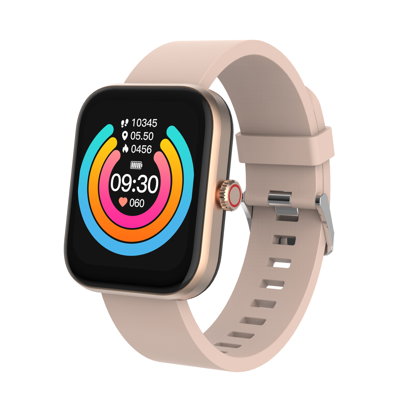 Reloj inteligente con correa rosa. La esfera muestra métricas de salud y la hora.
