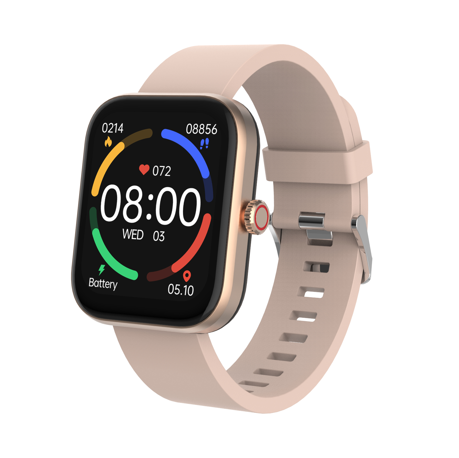 Smartwatch con correa beige, mostrando hora y métricas de salud. Caja dorada, fondo blanco.