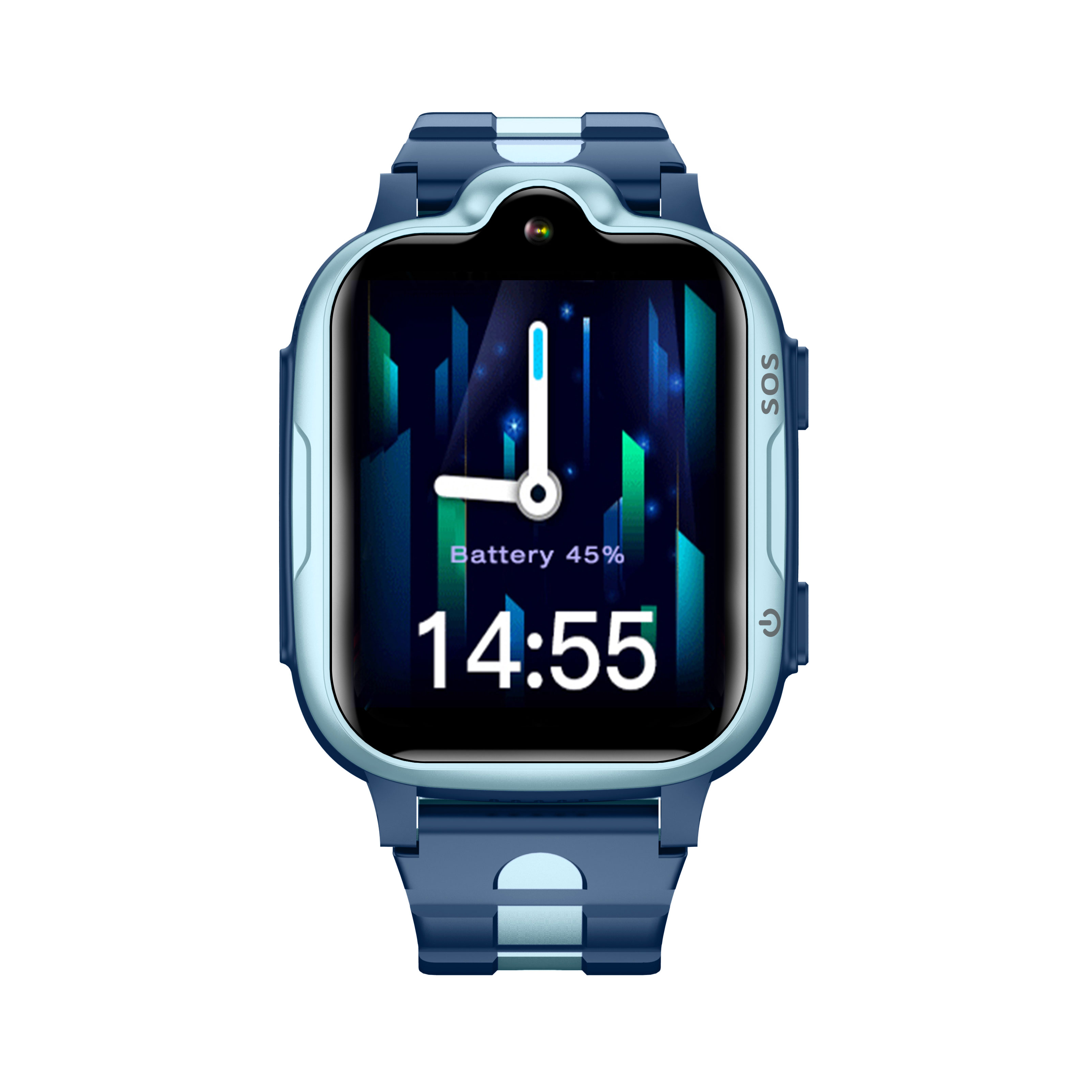 Smartwatch azul con pantalla digital que muestra la hora y el porcentaje de batería. Correa azul y cámara.