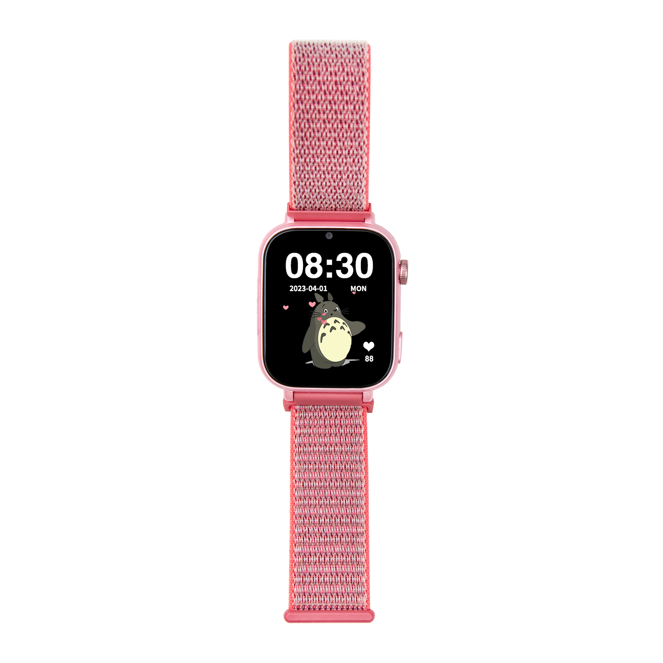 Różowy smartwatch z różowym paskiem. Wyświetla godzinę 08:30 i postać z kreskówki.