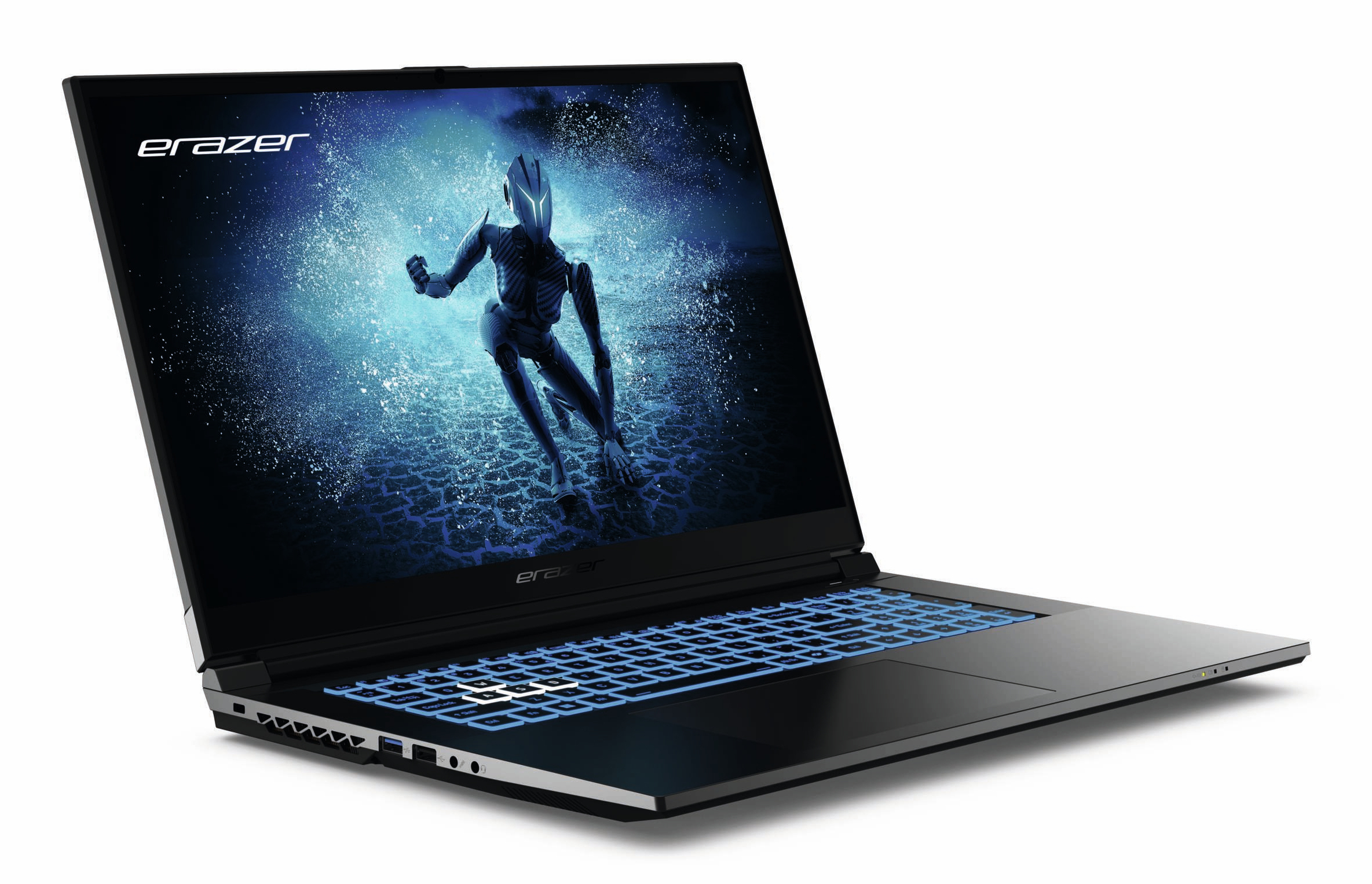 Czarny laptop z ekranem pokazującym futurystyczny obraz. Klawiatura świeci na niebiesko. Białe tło.