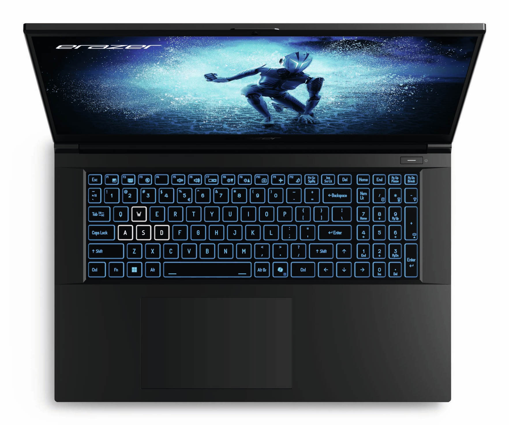 Czarny laptop z podświetlaną klawiaturą, pokazujący ekran gry. Laptop jest na białym tle.