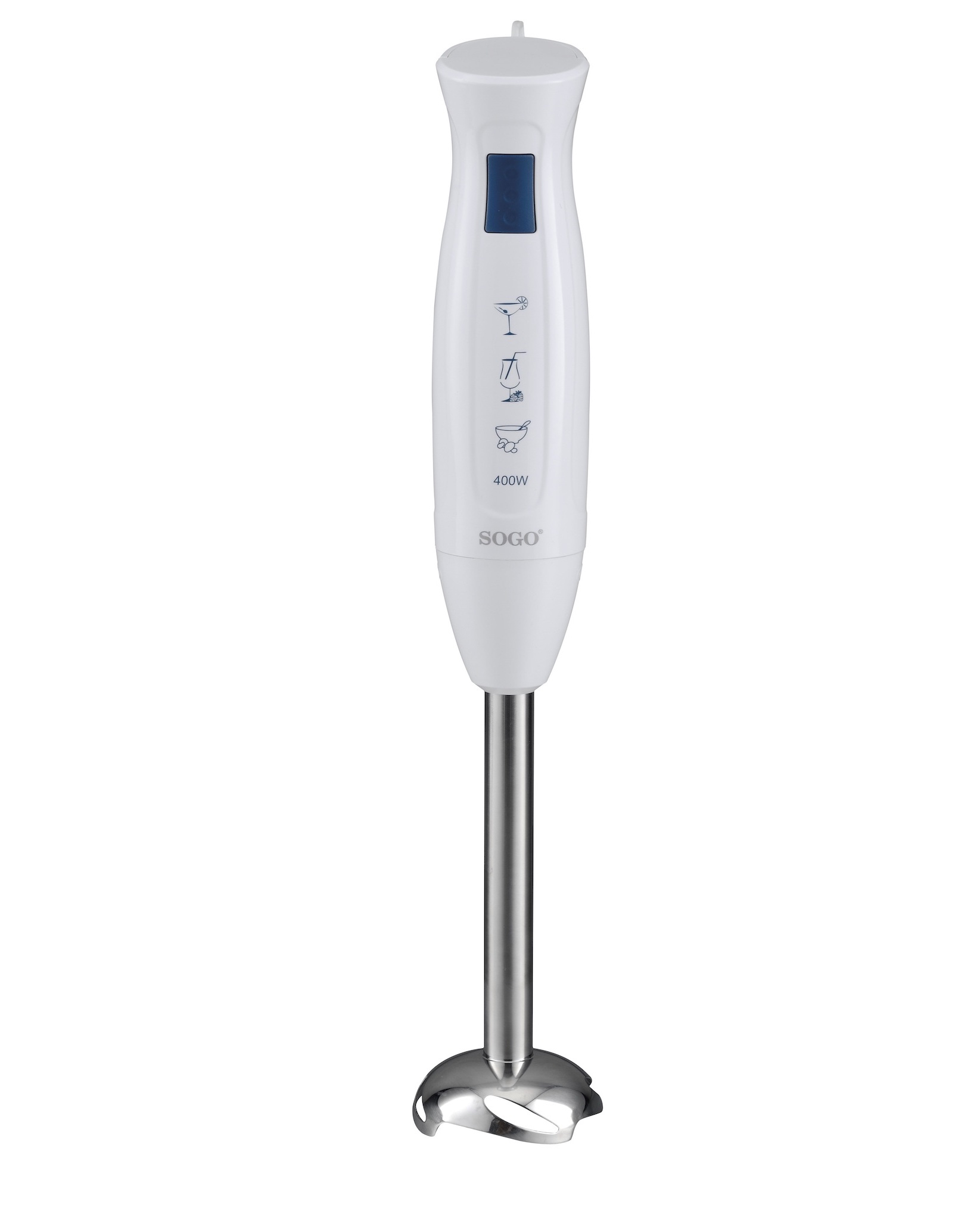 Biały blender ręczny ze stalowym wałem i czarnym uchwytem z symbolami i przyciskami.