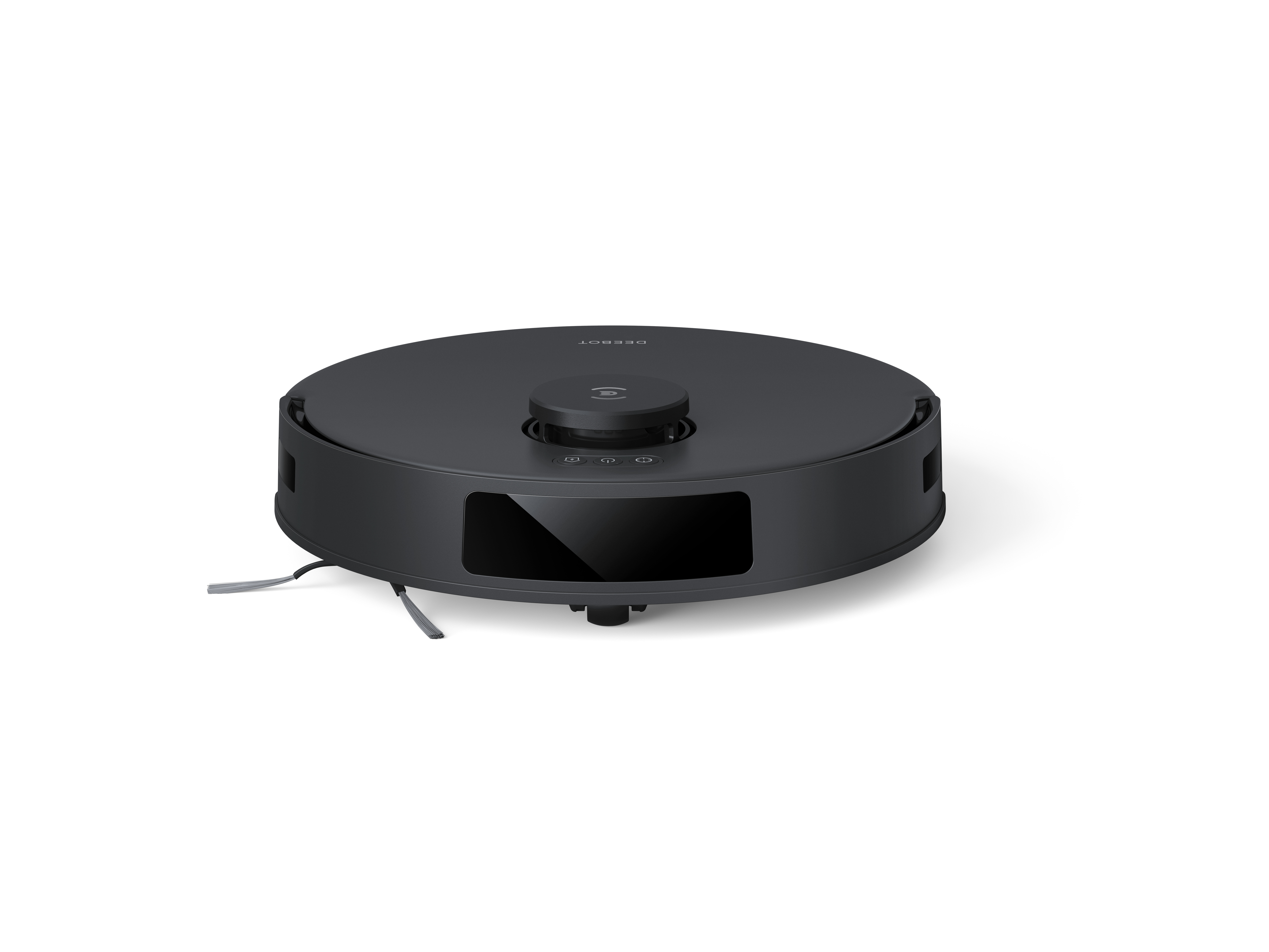 Czarny odkurzacz robot z centralnym modułem i przednim czujnikiem na białym tle.