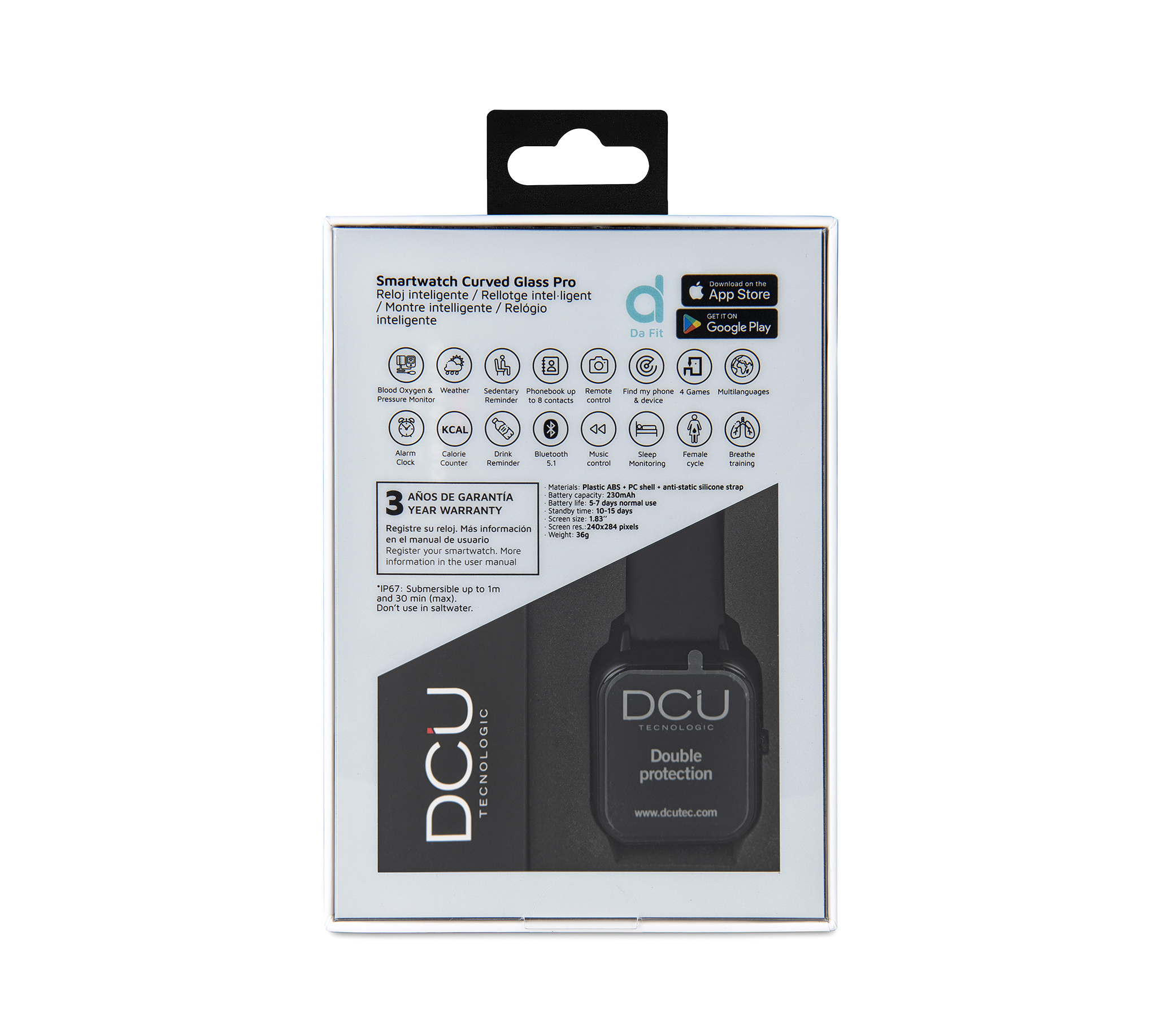 Pudełko smartwatcha ze zdjęciem zegarka, szczegółami i logo marki.