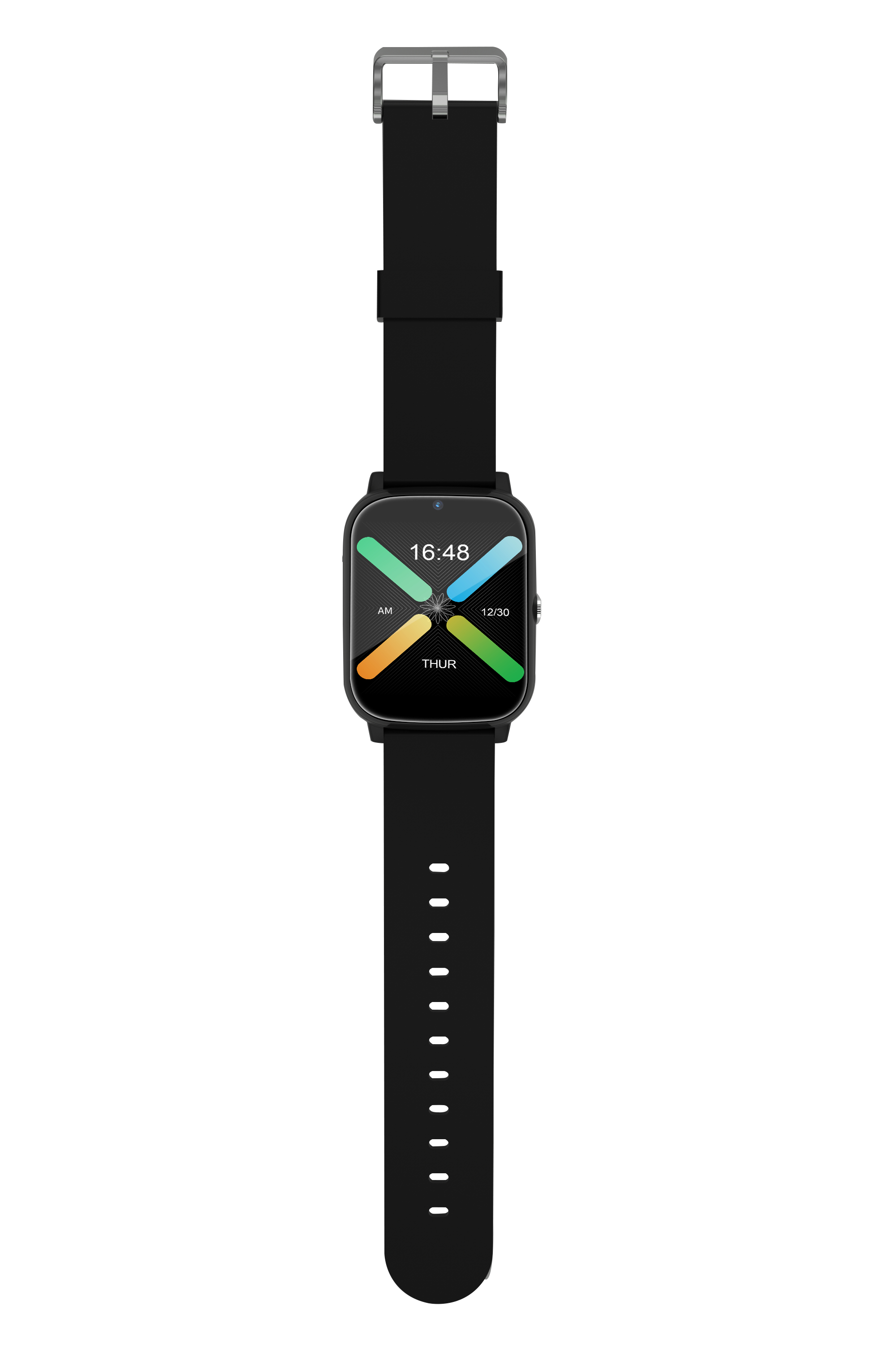 Smartwatch negra con pantalla a color y correa negra, aislada sobre blanco.