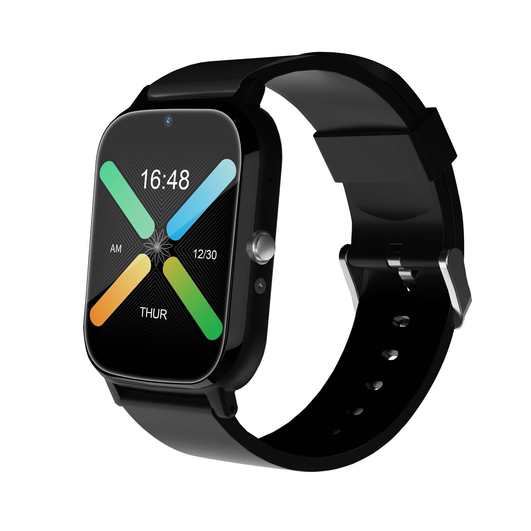 Un reloj inteligente negro que muestra la hora y la fecha, y una correa negra.