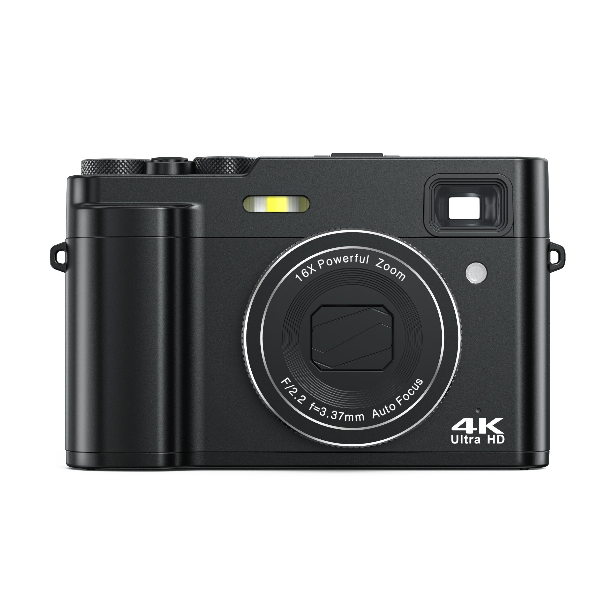 Czarny aparat z obiektywem, przyciskami i ekranem. Tekst: 16X Potężny zoom, 4K Ultra HD.