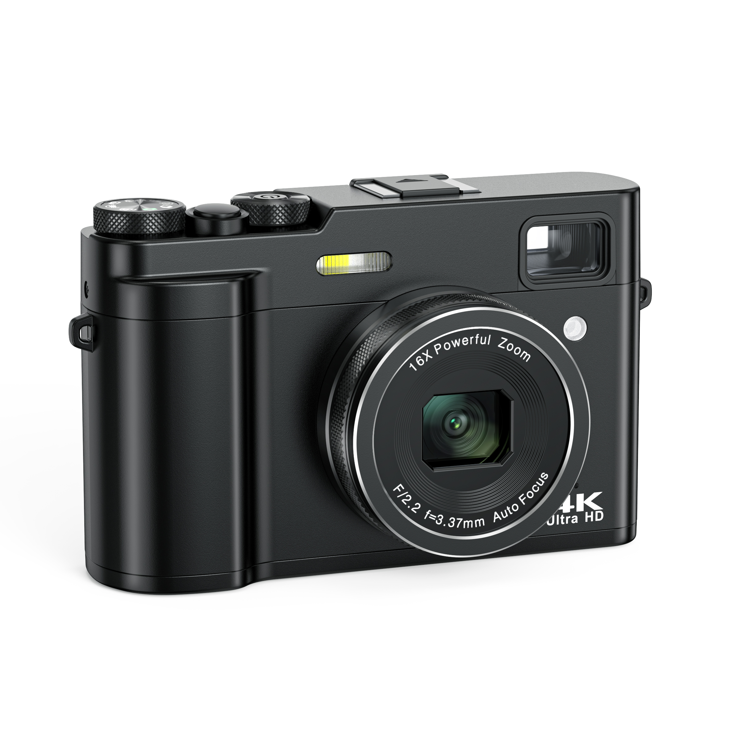 Czarny aparat kompaktowy z obiektywem z zoomem, z napisem '16X Powerful Zoom'.