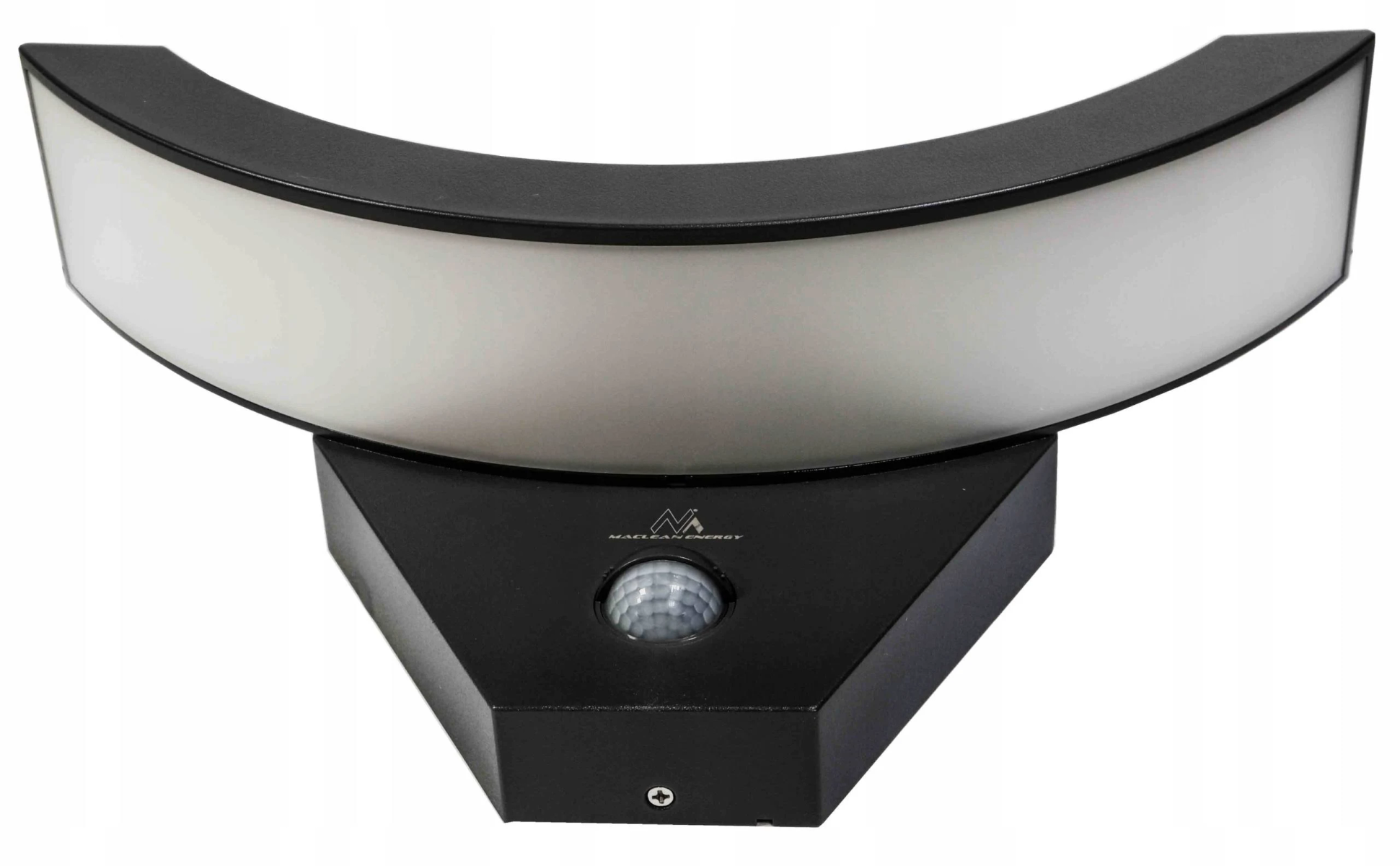 Schwarze, gebogene Wandleuchte mit weißem Lichtstreifen und dreieckigem Sockel mit Sensor.