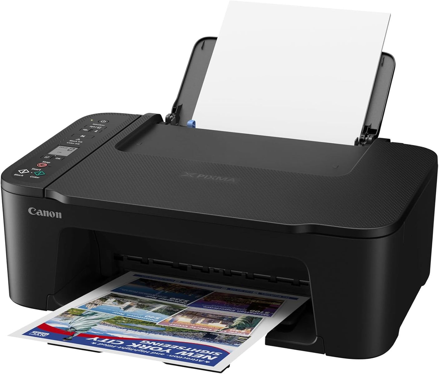 Une imprimante Canon noire avec un document imprimé dans le bac de sortie et le couvercle relevé.