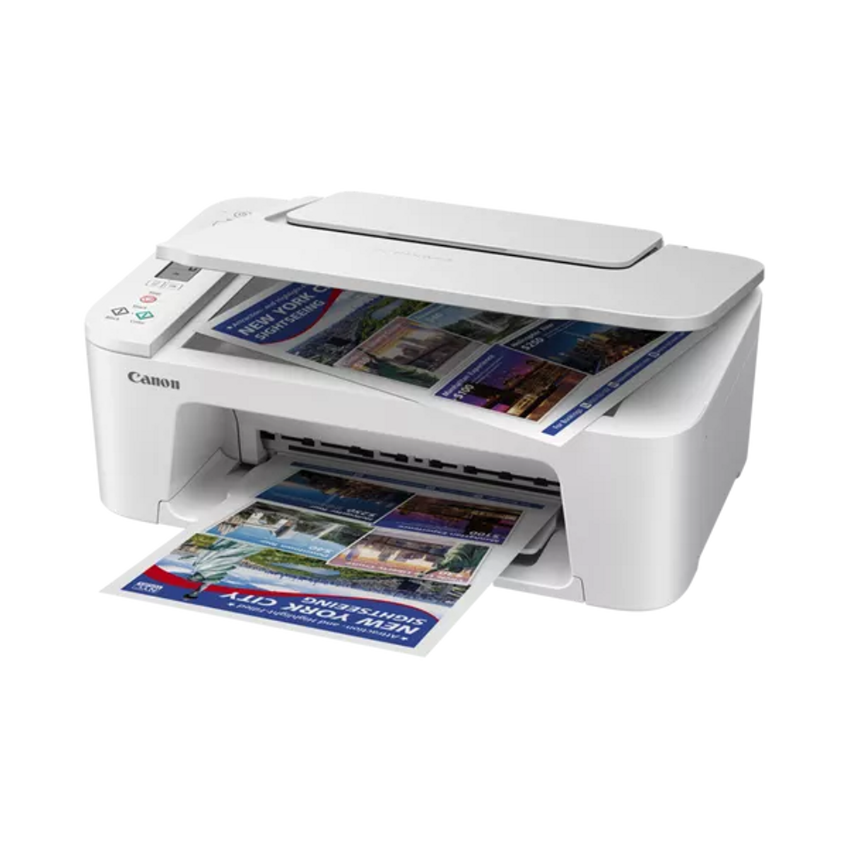 Biała drukarka Canon drukująca broszury ze zdjęciami i tekstem o zwiedzaniu Nowego Jorku.