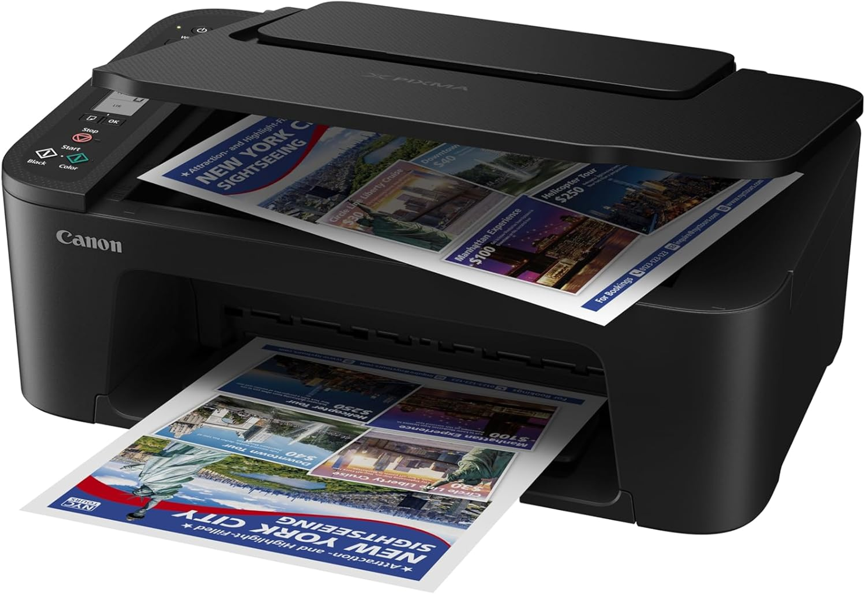 Imprimante Canon imprimant des brochures colorées. L'imprimante est noire et a un bac à papier.