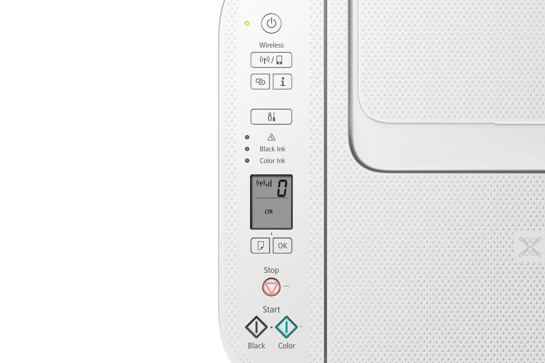 Primer plano del panel de control de una impresora blanca con botones y una pantalla LCD.