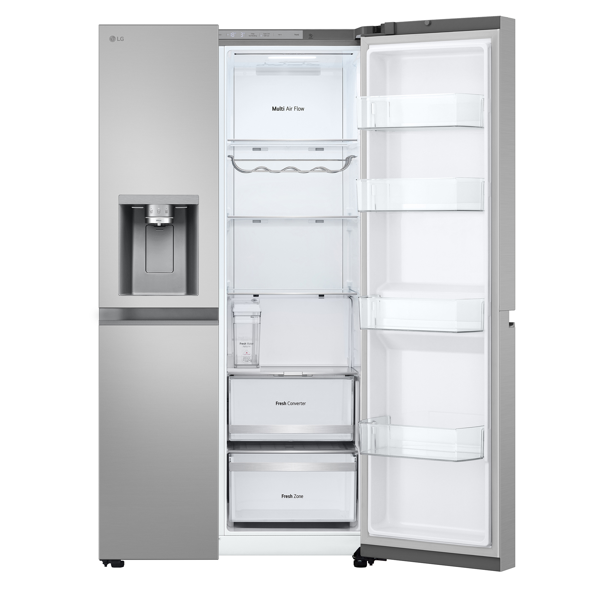 LG Side-by-Side-Kühlschrank, offen. Innenraum mit Regalen, Schubladen und Wasserspender links.