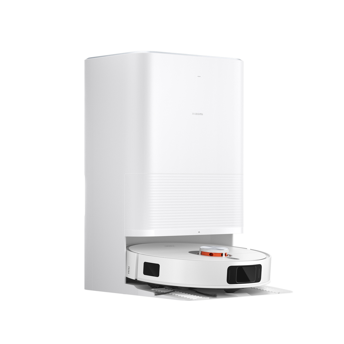 Biały odkurzacz automatyczny ze stacją ładującą. Nowoczesny design.