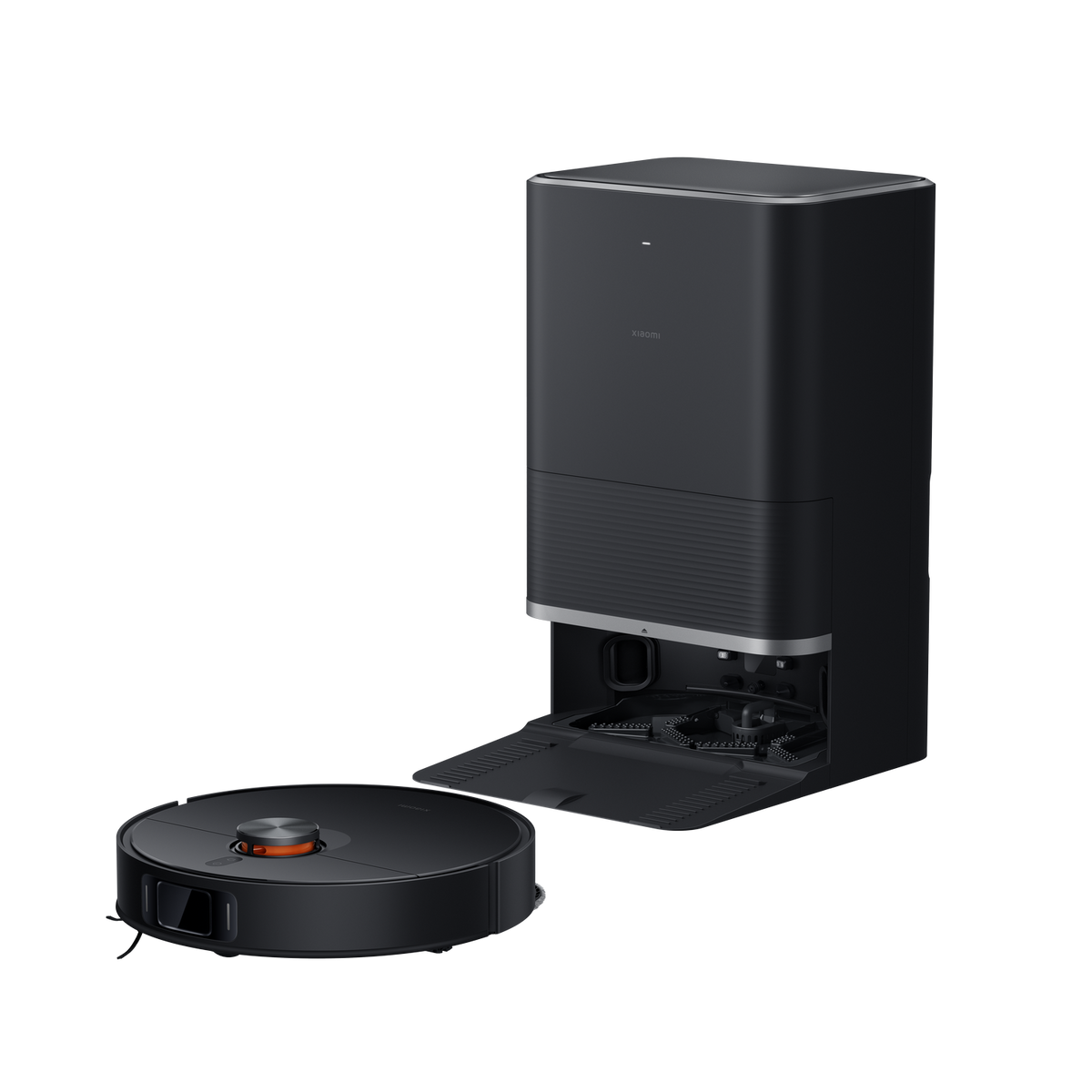 Czarny odkurzacz automatyczny i czarna stacja ładująca na czarnym tle.